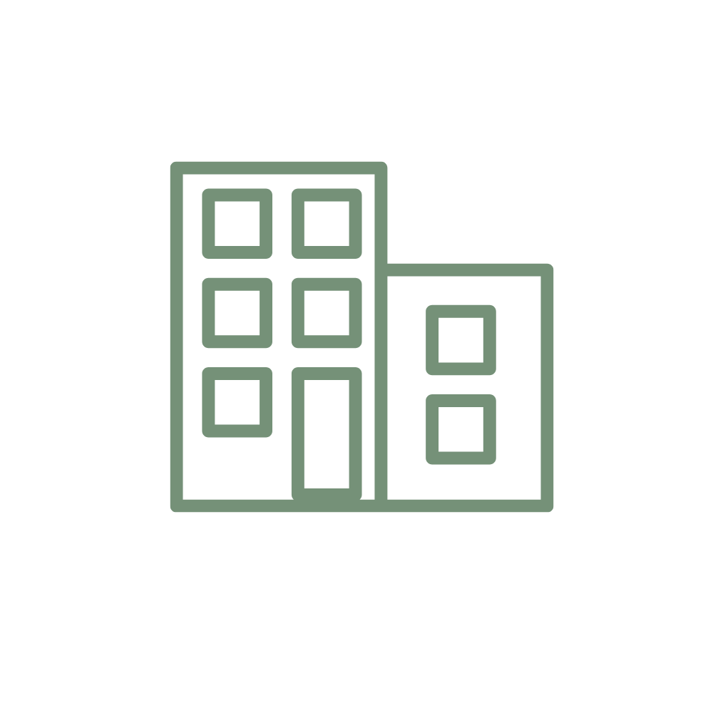 Outline drawing of two buildings, one taller with four windows and one shorter with three windows.