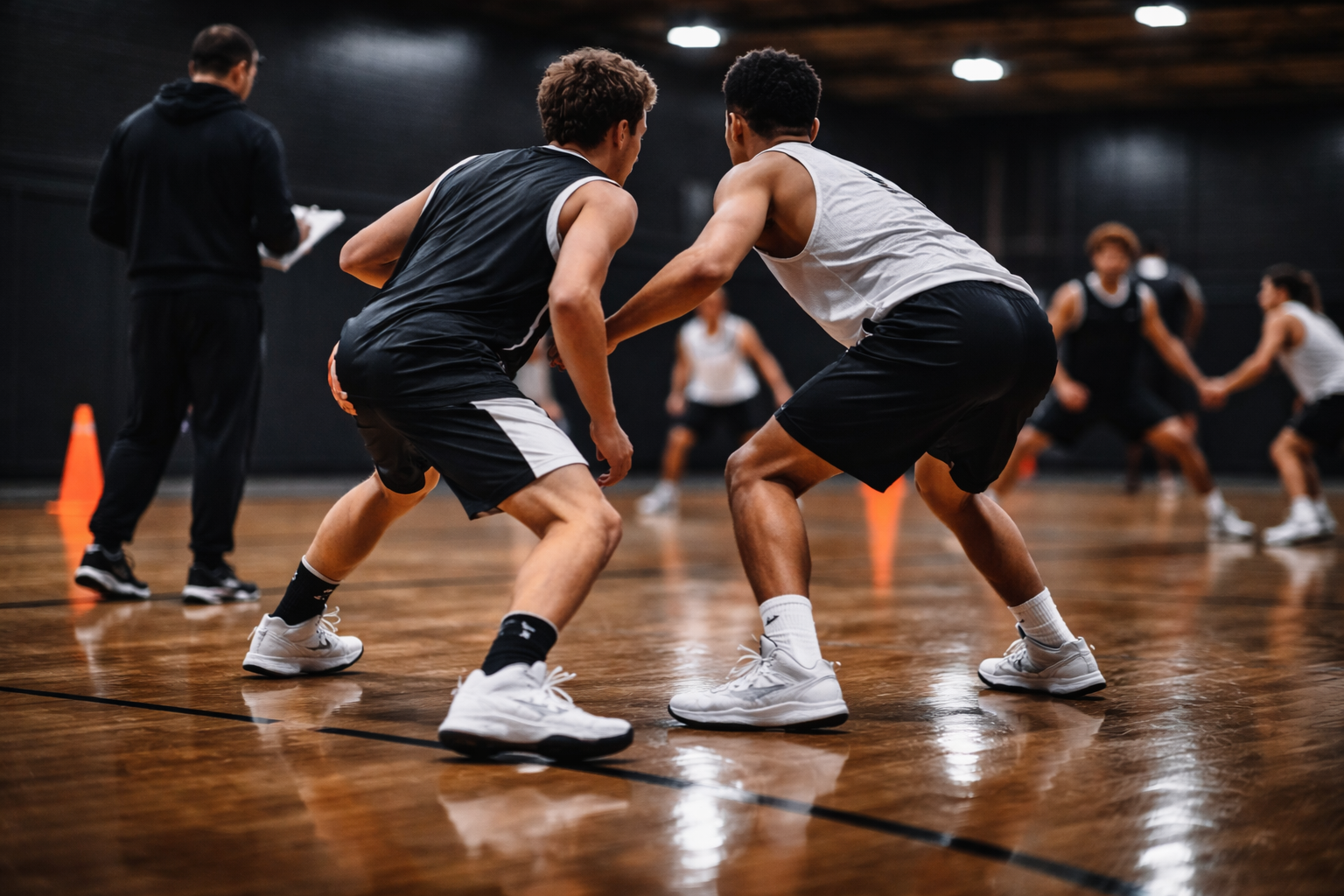Two basketball players in black and white jerseys sparring during a game on an indoor court, with a coach observing in the background.