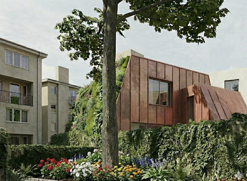 Residential buildings with modern architecture surrounded by greenery and colorful flowers, with a prominent tree in the foreground.