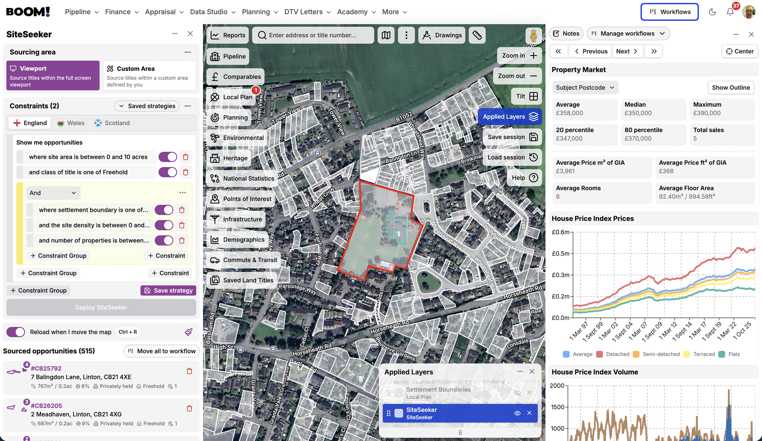 Screenshot of a property analysis interface showing a satellite map with outlined settlement boundary, various map layers, and property market data on the right side, including house price trends and volume.
