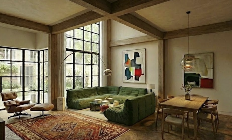 Living room with large windows, green sectional sofa, a wooden dining table with four chairs, abstract artwork on the walls, and a patterned rug.