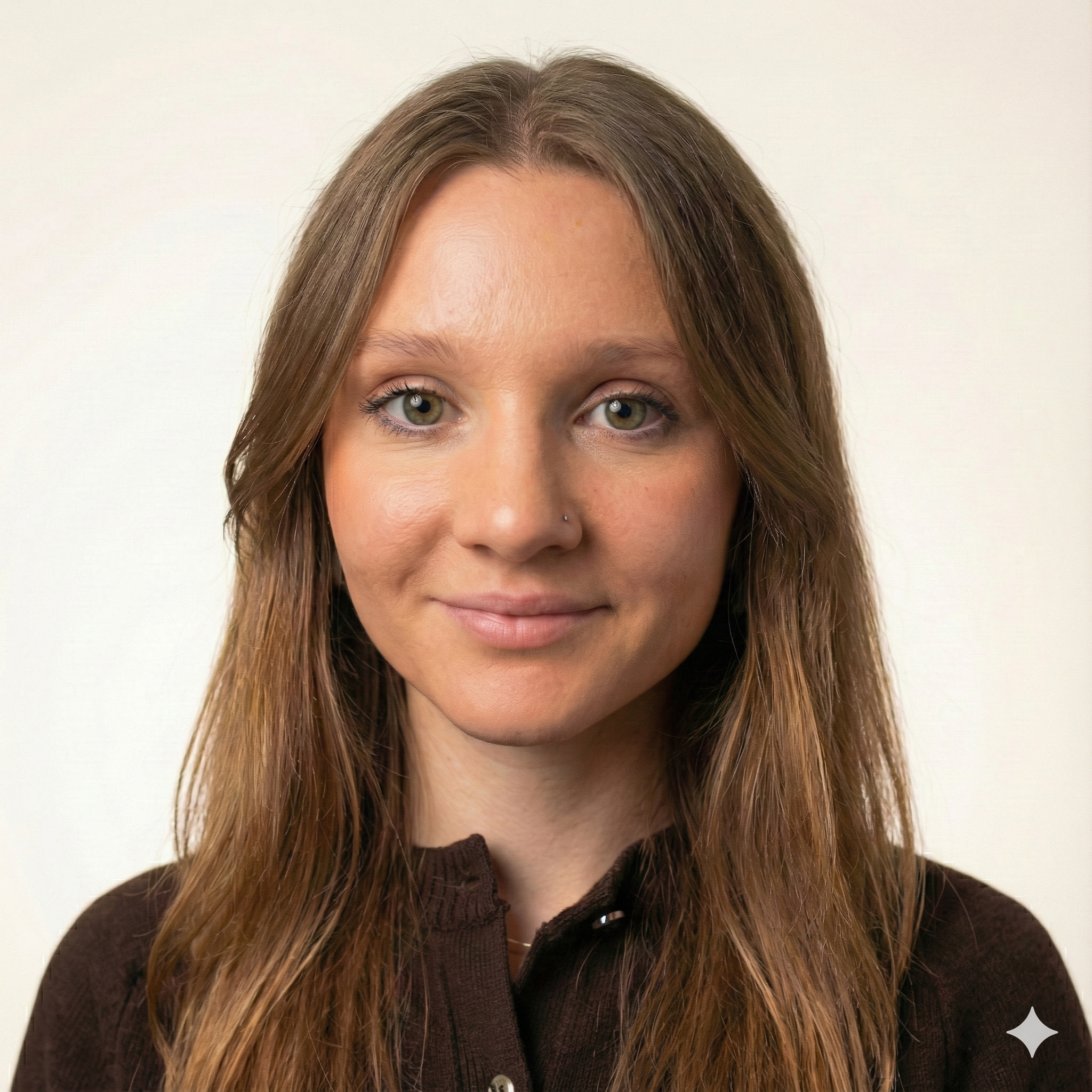 A woman with long, light brown hair and green eyes, wearing a dark brown shirt, smiling softly against a plain white background.