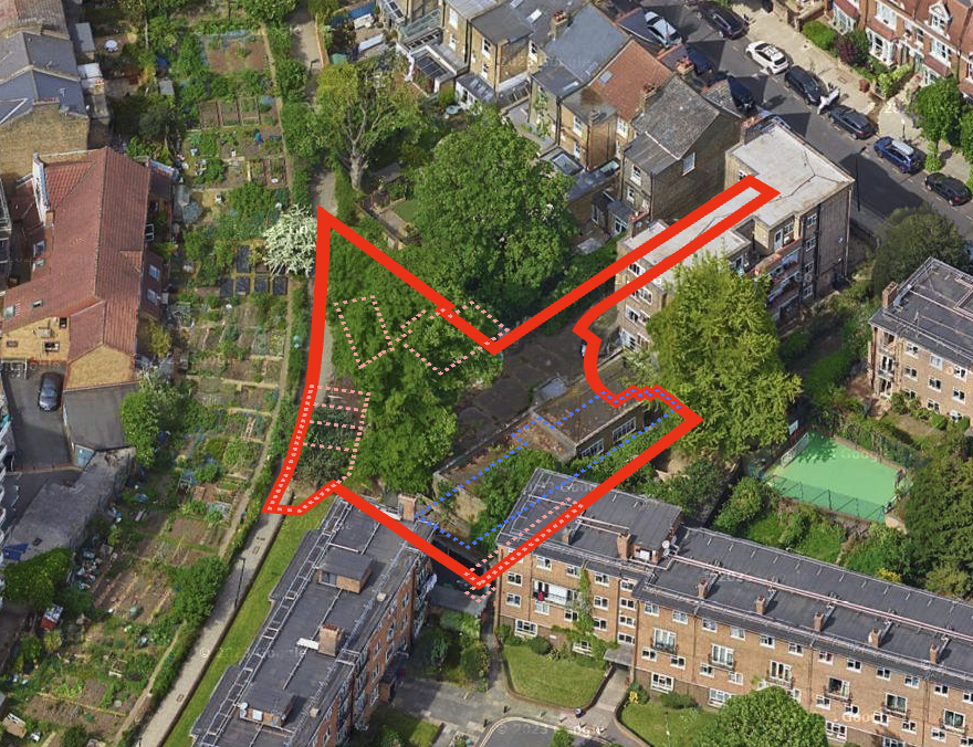 Aerial view of a residential neighborhood with houses, trees, and gardens, overlaid with red and blue lines outlining a specific area and pathways.