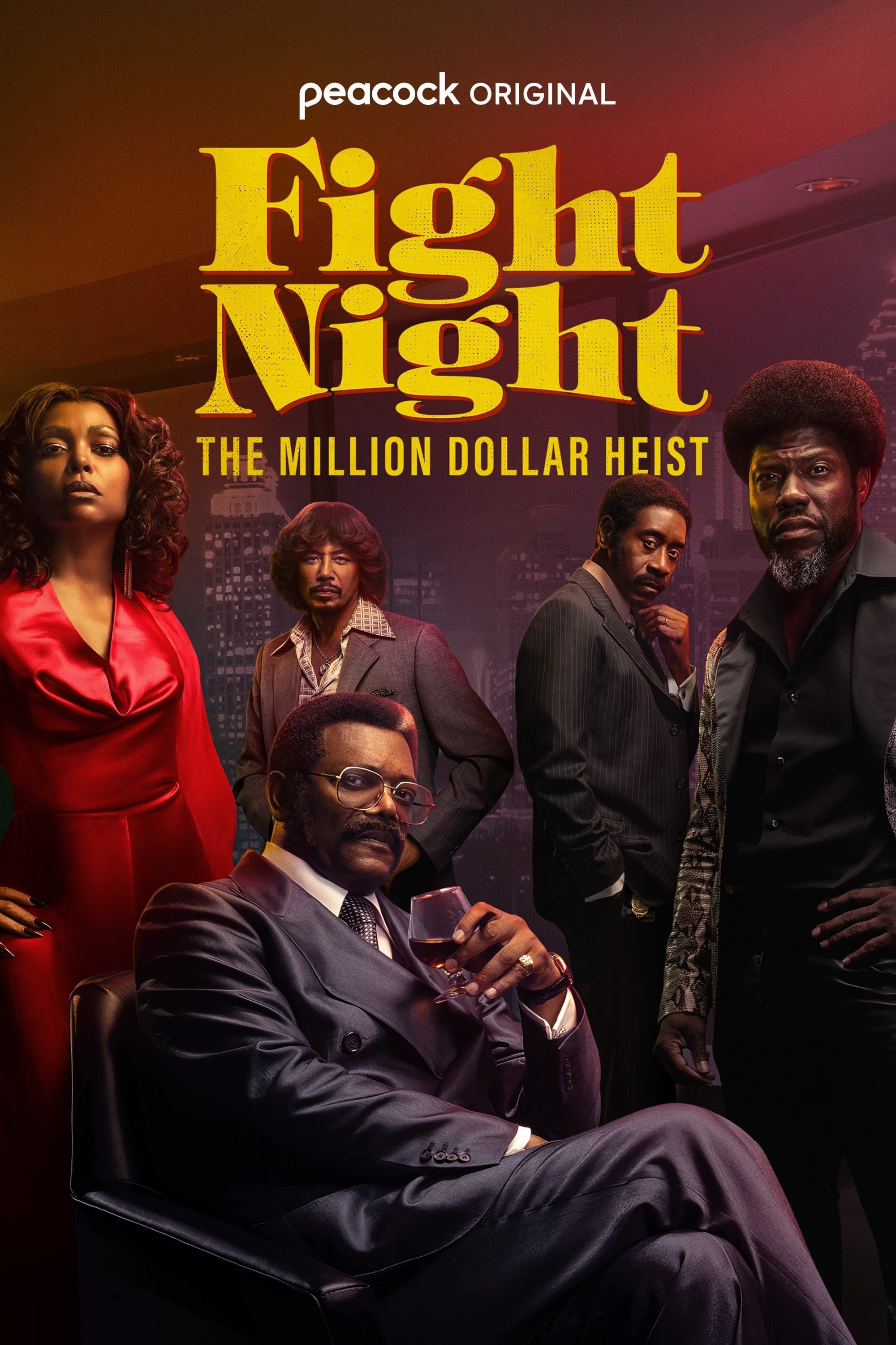 Poster for the peacock original series 'Fight Night: The Million Dollar Heist' featuring five characters in a dramatic pose in a cityscape background.