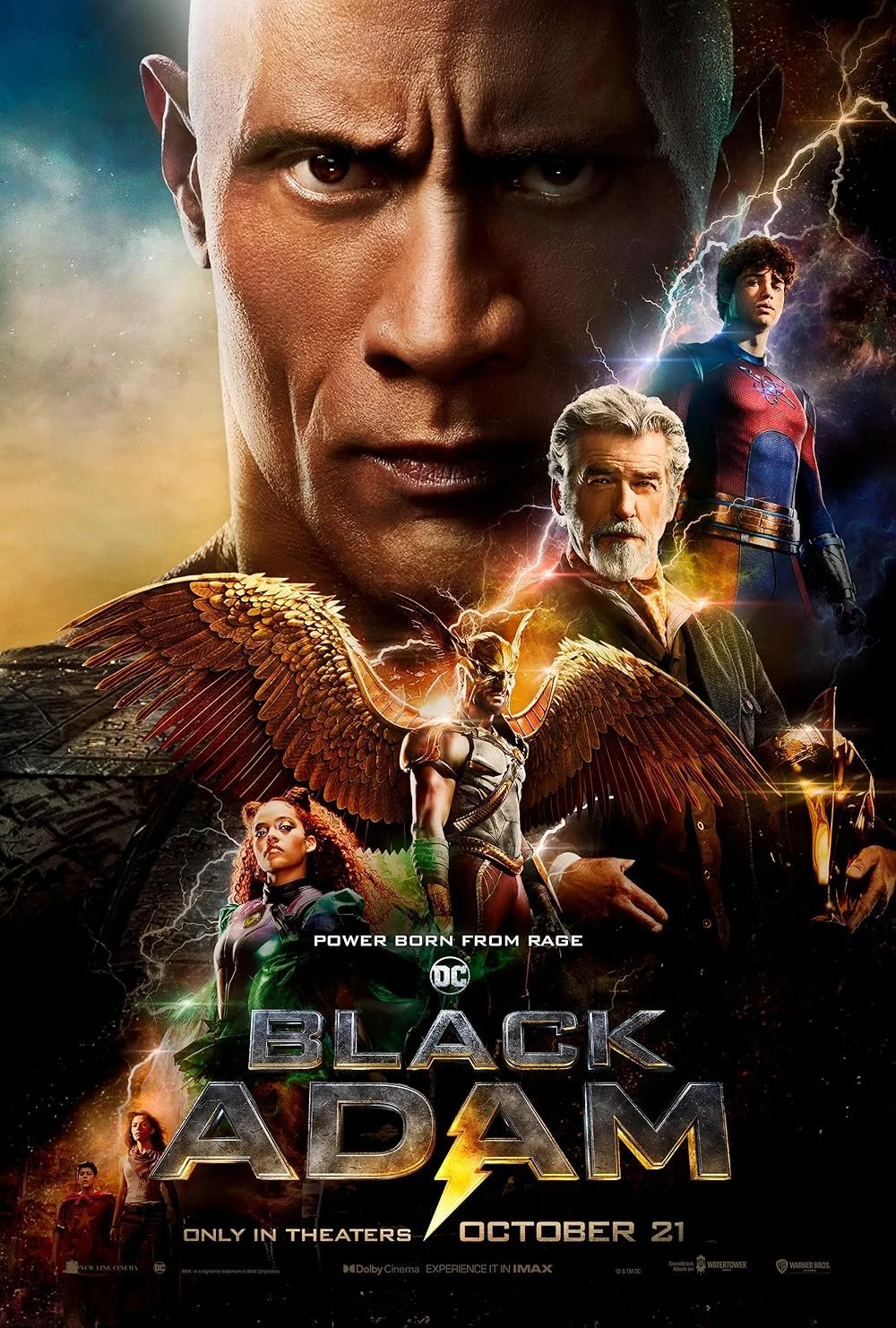 Poster for the movie "Black Adam" featuring Dwayne Johnson's character at the top, with other characters including a woman with wings, an older man with a beard, and a young man in a superhero costume, all set against a stormy background with lightning.