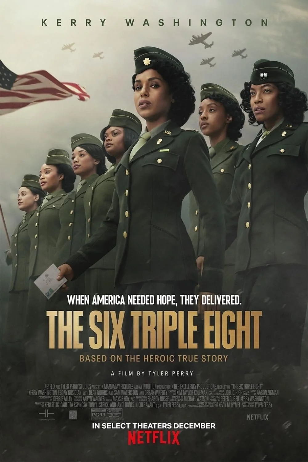 A poster for the film 'The Six Triple Eight' featuring six Black women soldiers in military uniforms standing in formation with a war plane flying overhead and American flags waving, with text highlighting the film's release and story.