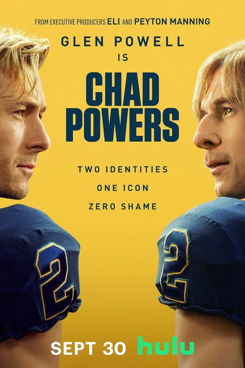 Promotional poster for the movie "Chad Powers" airing on Hulu, featuring two men in football uniforms with the numbers 2 and 2 on their shoulders, facing each other on a yellow background, with release date September 30.