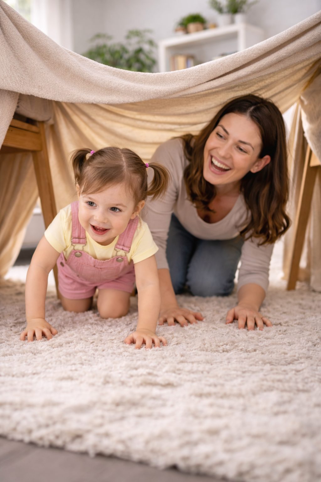 Mother and toddler crawling together through a blanket tunnel in a living room, playing and practicing movement indoors.