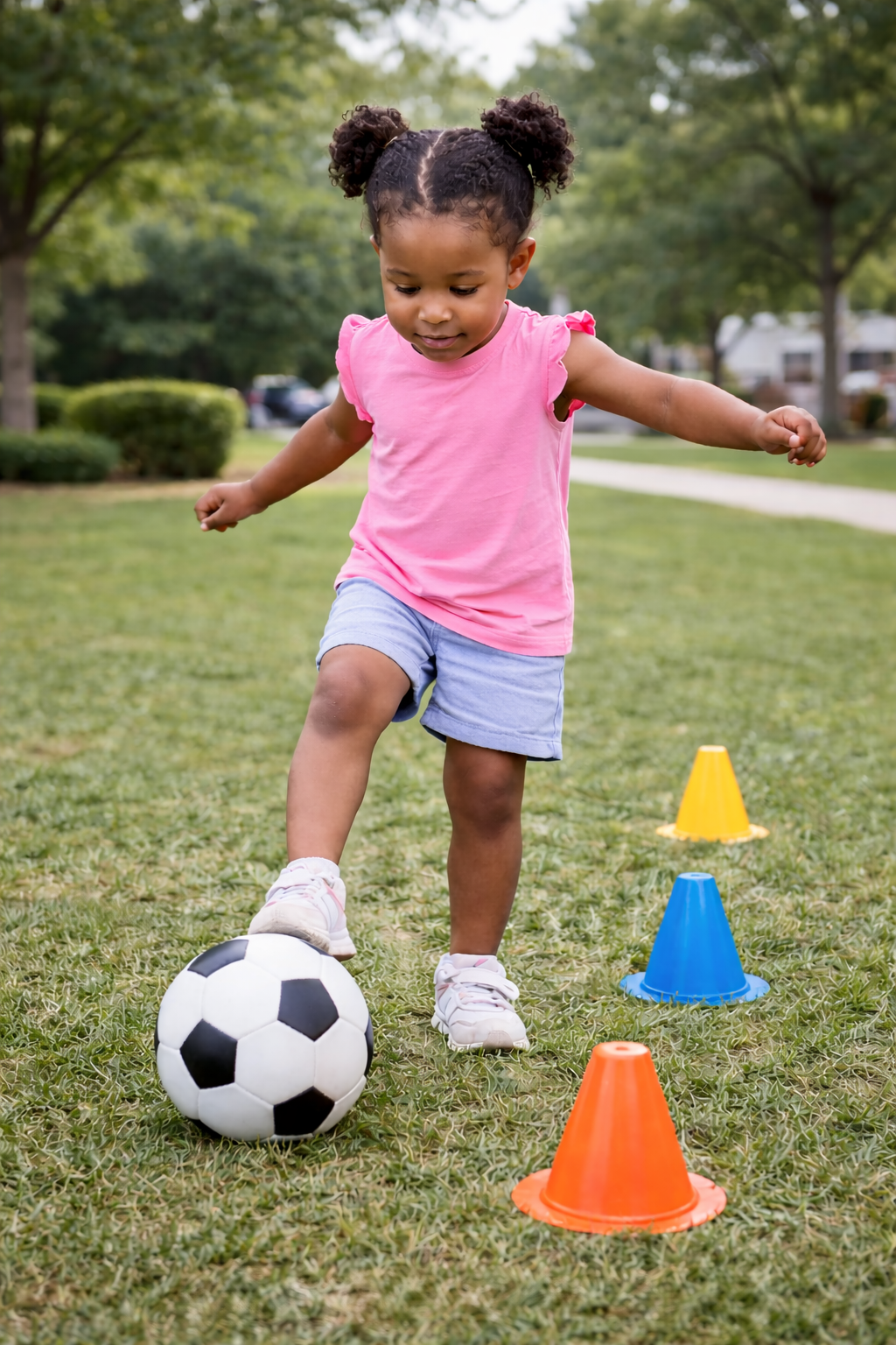 Young girl kicking soccer ball