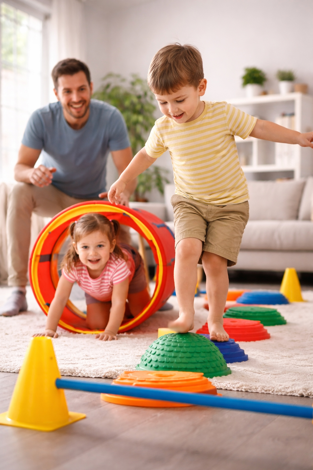 Father playing with two young children in a living room as they crawl through a tunnel and balance on stepping stones during indoor movement play.