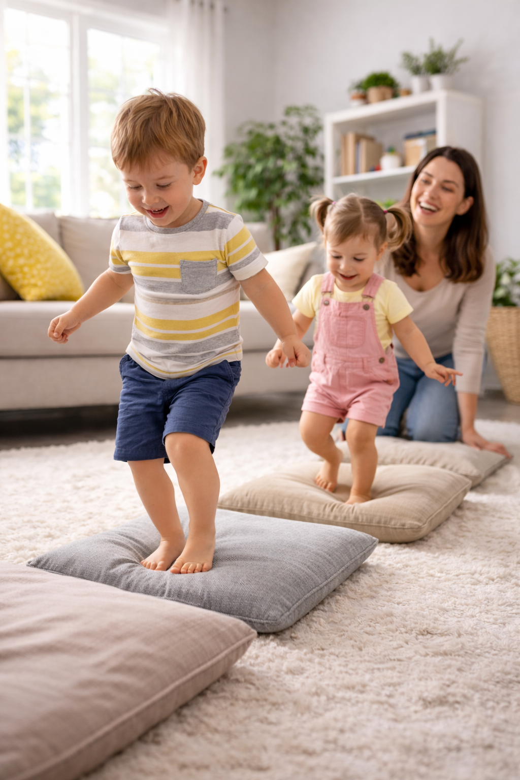 Two toddlers walking across couch cushions in a living room while their mom watches, practicing balance and movement indoors.