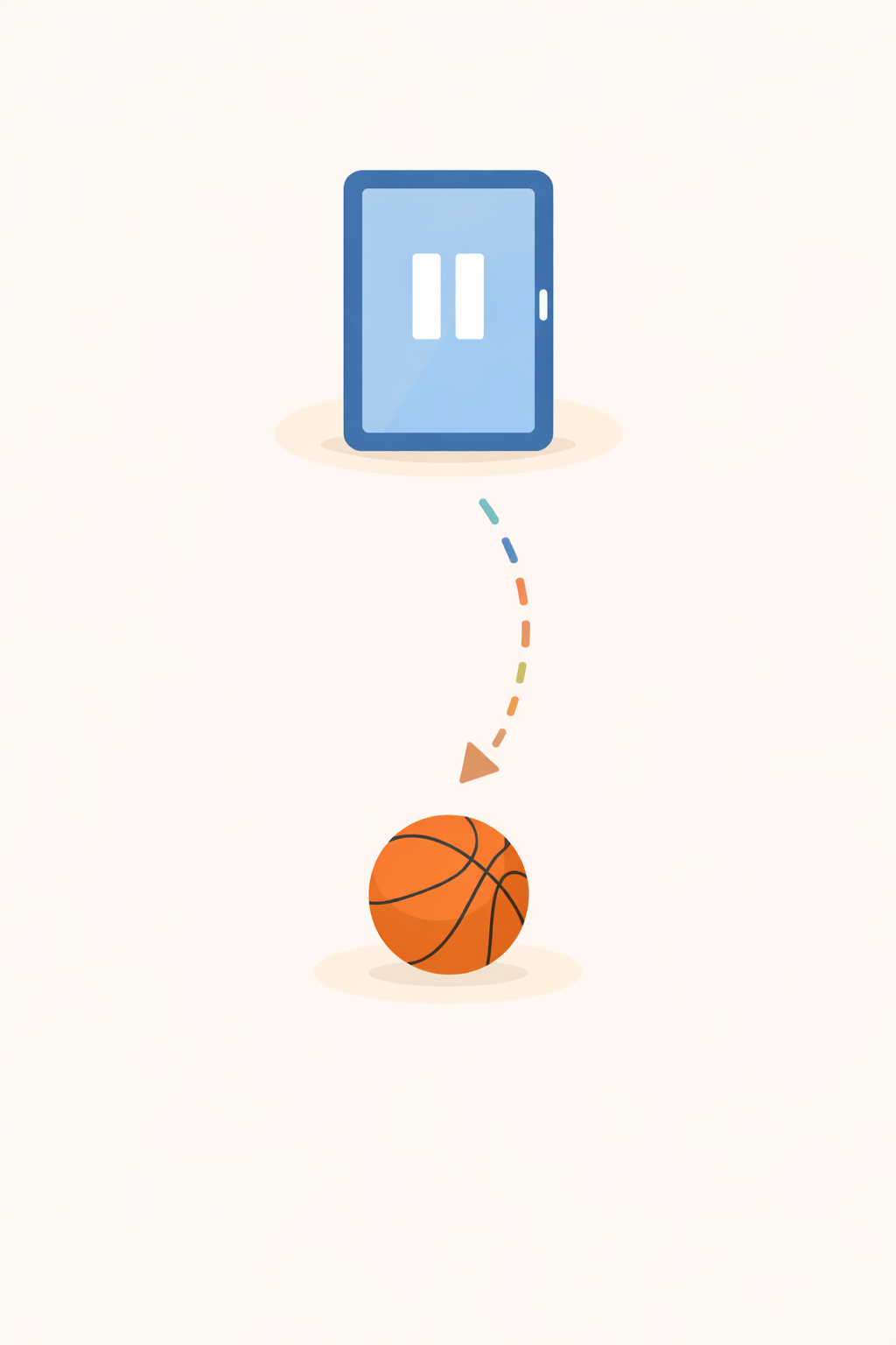 A digital illustration showing a smartphone with a pause symbol on its screen and a basketball below, connected by a dotted arrow.