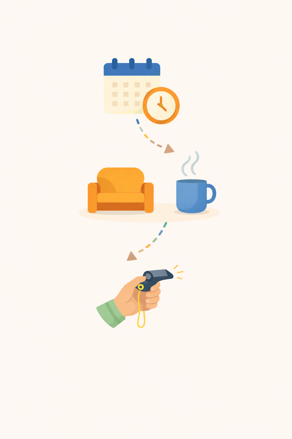 Illustration of a daily morning routine process: starting with an alarm clock and calendar, then a cozy chair and coffee mug, followed by a hand holding a stopwatch.
