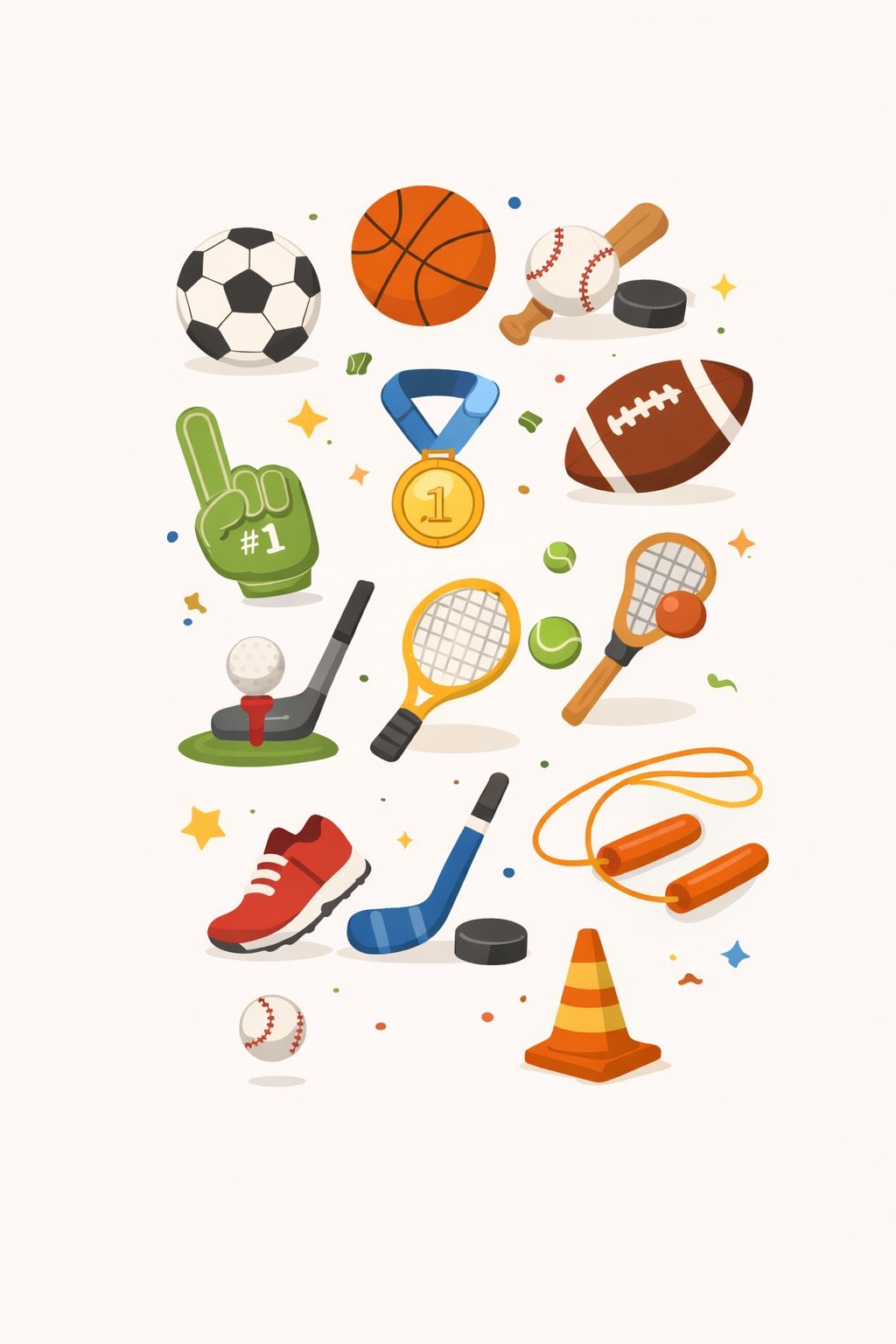 Illustration of various sports equipment including a soccer ball, basketball, baseball bat and ball, American football, foam finger, medal, golf club and ball, tennis rackets and balls, hockey sticks and puck, jump rope, traffic cone, running shoes, and a baseball, set against a plain background with small colorful confetti and star shapes.