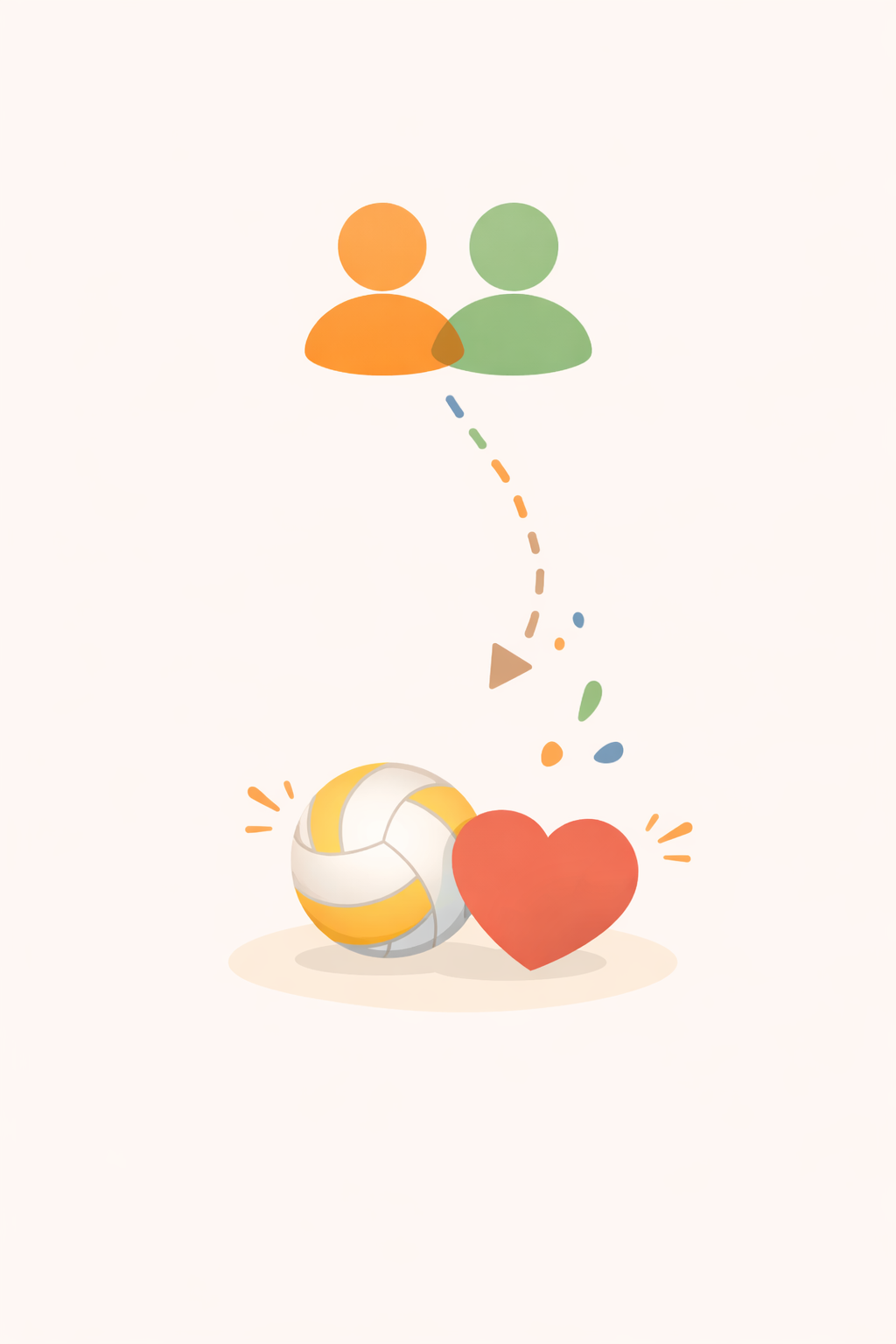 Illustration featuring two stylized human figures at the top, a volleyball and a heart at the bottom, connected by a dashed, multicolored arrow.
