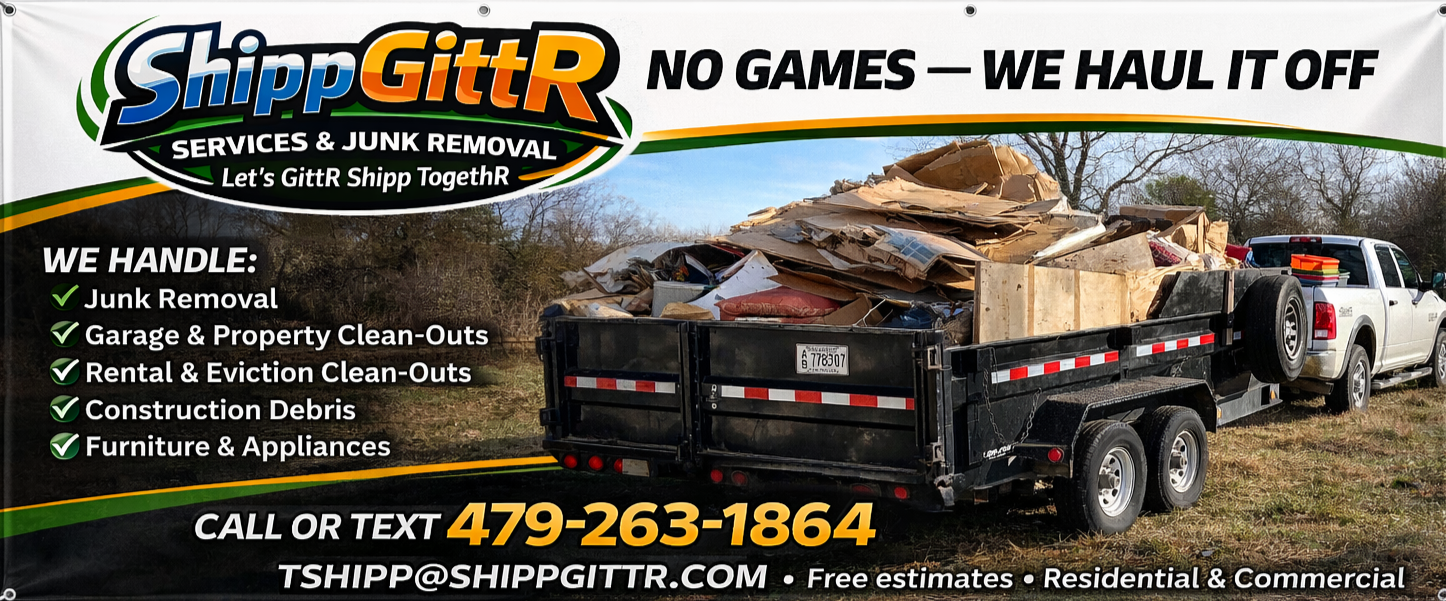 A trailer loaded with cardboard boxes and various debris attached to a white pickup truck. An advertisement banner for ShippGittR services offering junk removal, clean-outs, and construction debris removal.