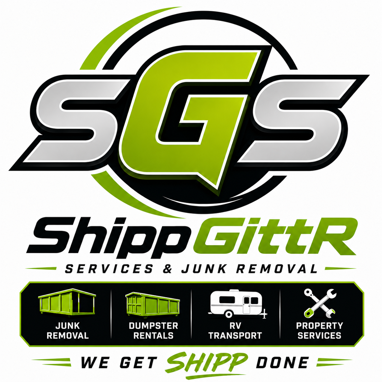 Logo for Shipp Gitter, a junk removal and dumpster rental service, featuring a large green and black stylized company initials with service icons including junk removal, dumpster rentals, RV transport, and property services, and the slogan "We get shipp done."