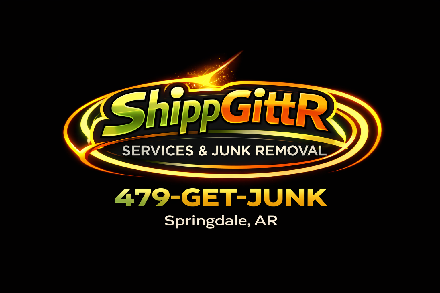 Logo for ShippGITR services and junk removal in Springdale, Arkansas, with a neon color scheme and contact number 479-GET-JUNK.