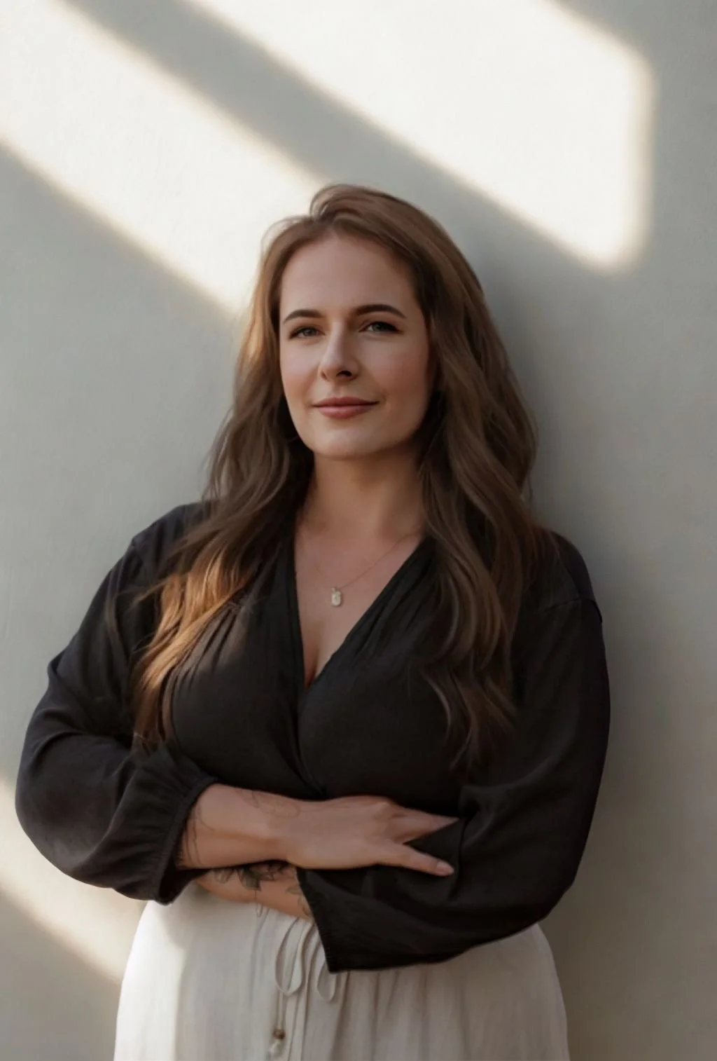 A young woman with wavy brown hair, wearing a black top and light-colored pants, standing in front of a plain wall with shadows cast on it.