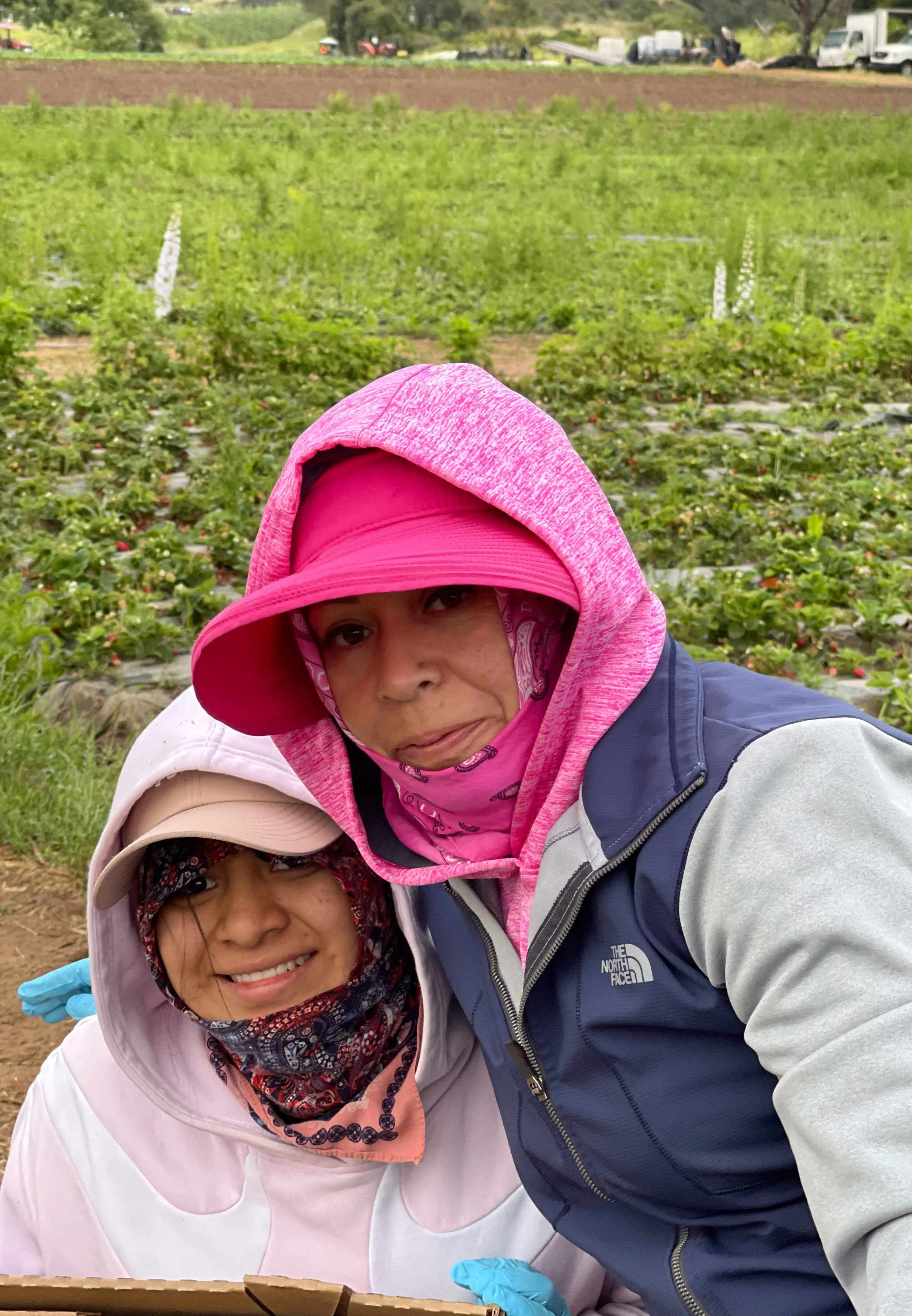 Two women outdoors, one in a pink hat and hoodie, and the other in a beige cap and scarf, smiling in a field of green leafy crops, with dirt and farm equipment in the background.