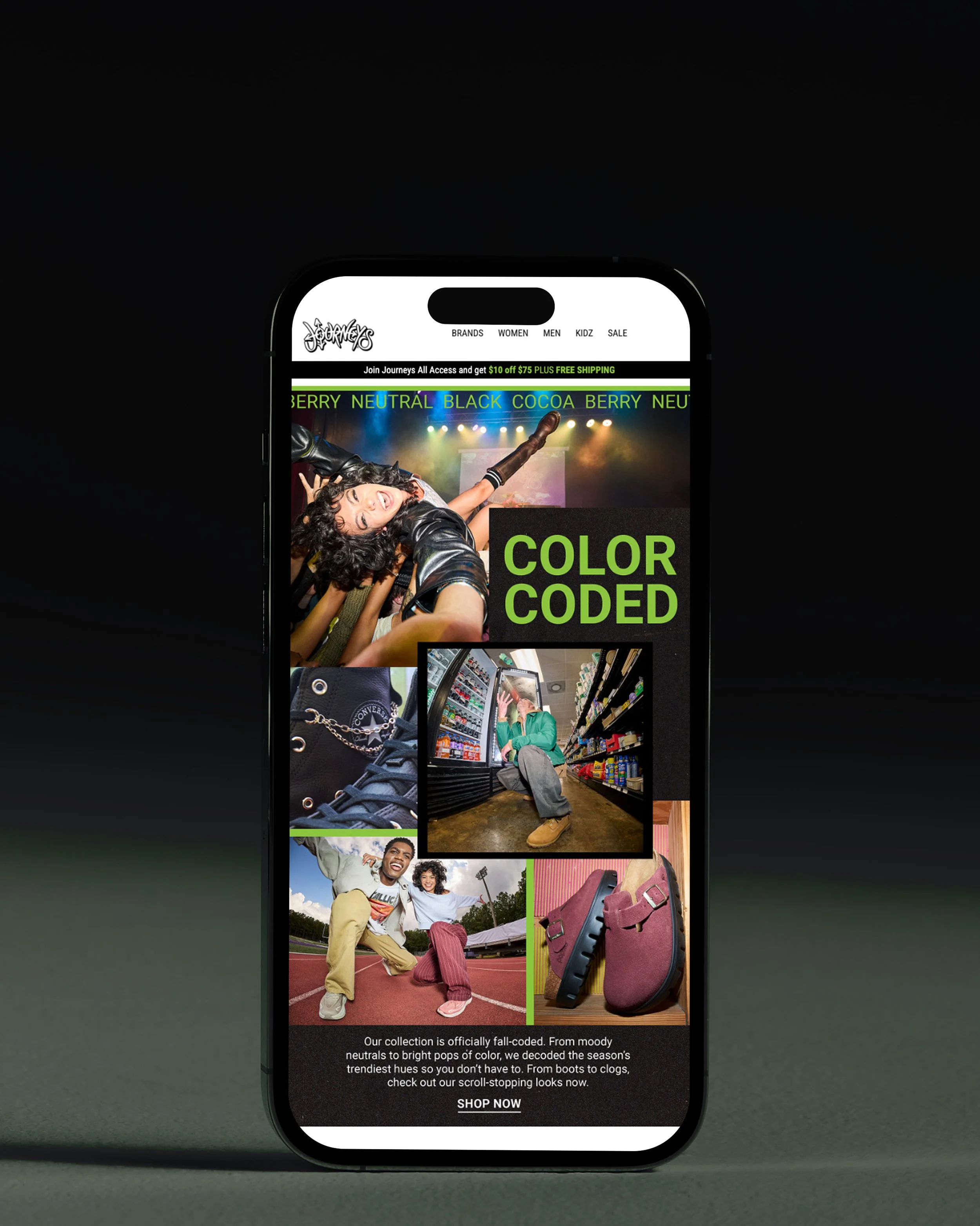 Mobile phone displaying a website with fashion collection images, including people dancing, shopping for sneakers, and outdoor activities, with promotional text about fall collection.