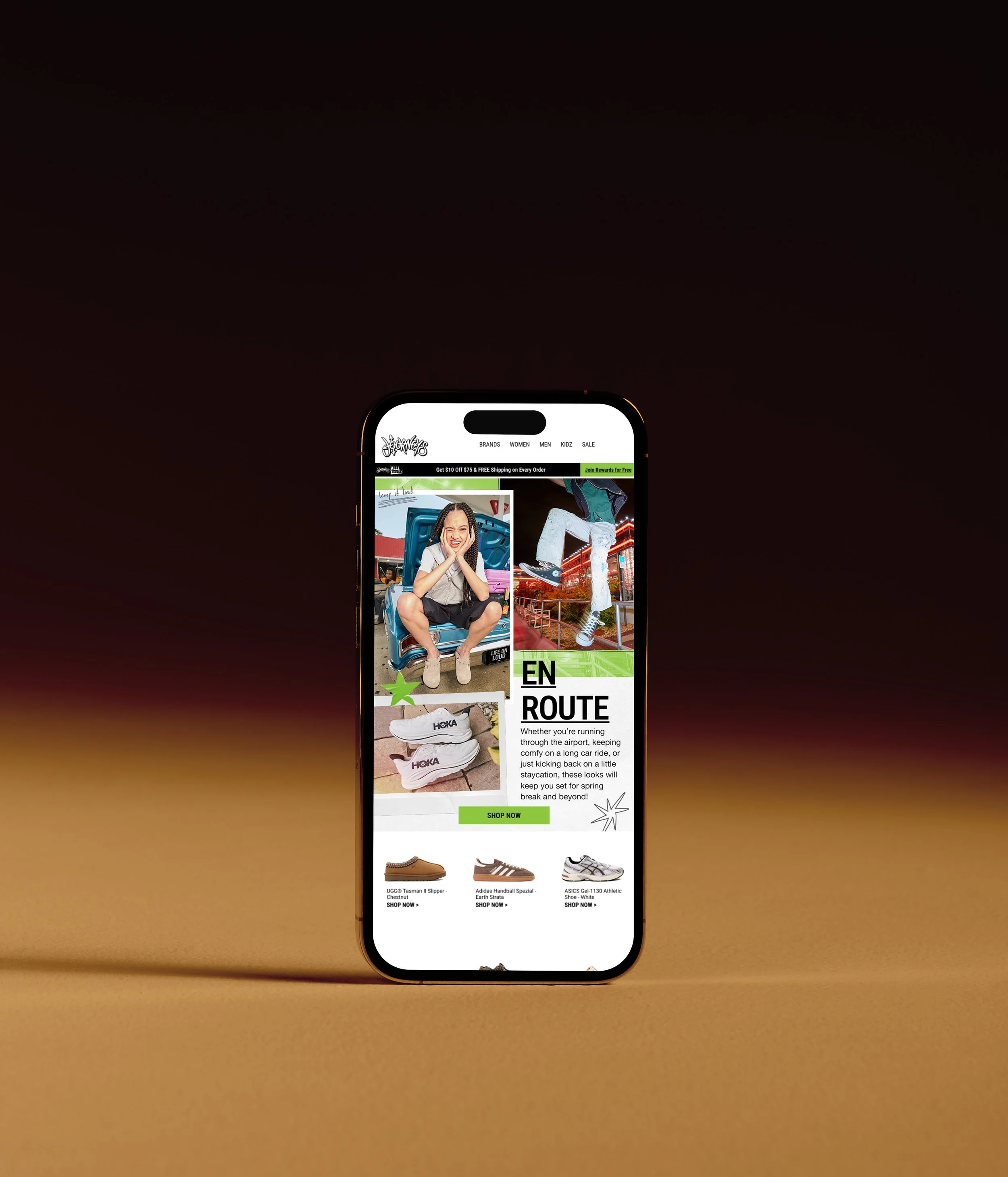 The image shows a smartphone displaying an outdoor shopping website with three product shoes, including UGG, Adidas, and ASICS, against a dark background.