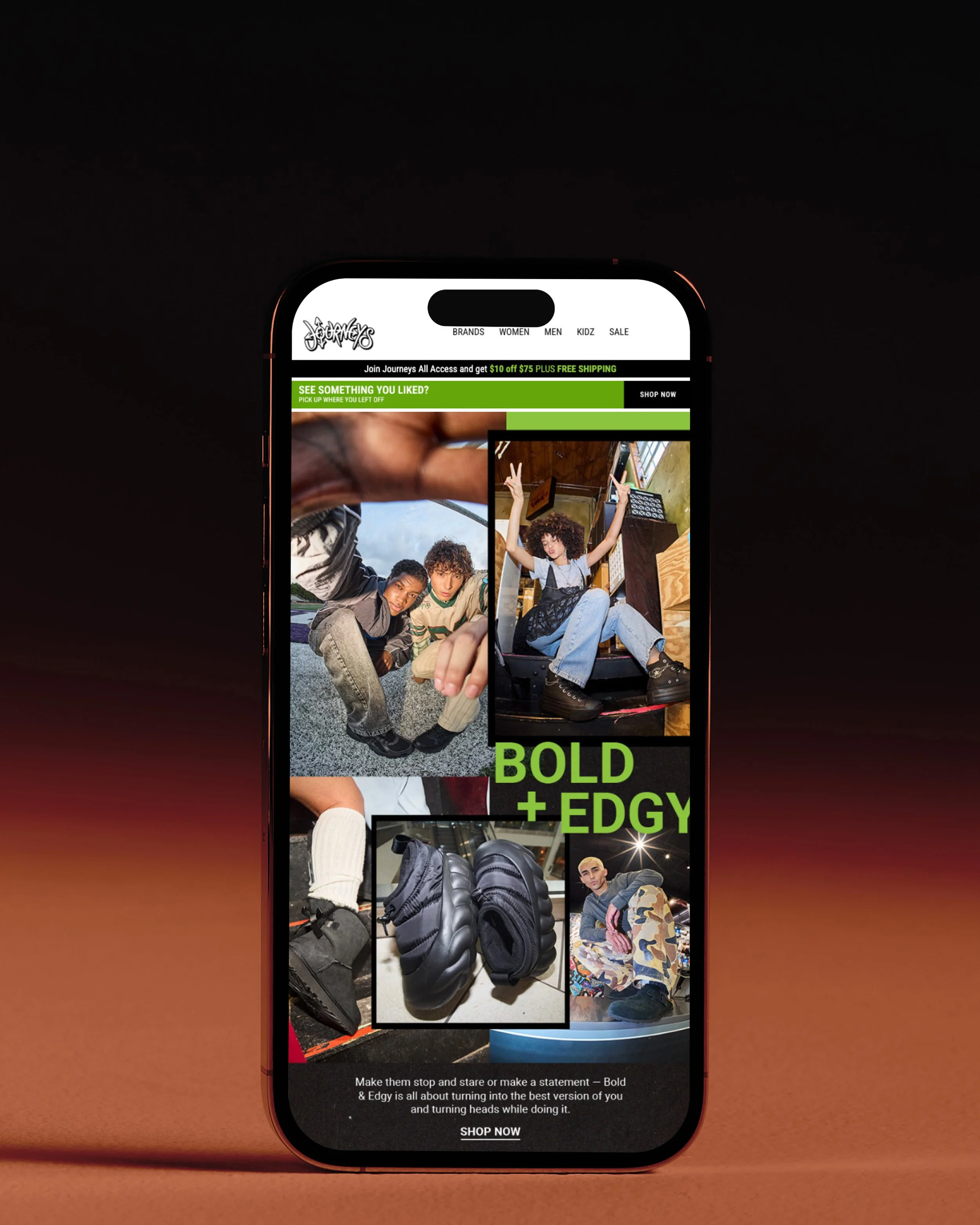 Website display on a smartphone screen promoting bold and edgy fashion, showing images of young people and shoes, with green and black text and a 'Shop Now' button.