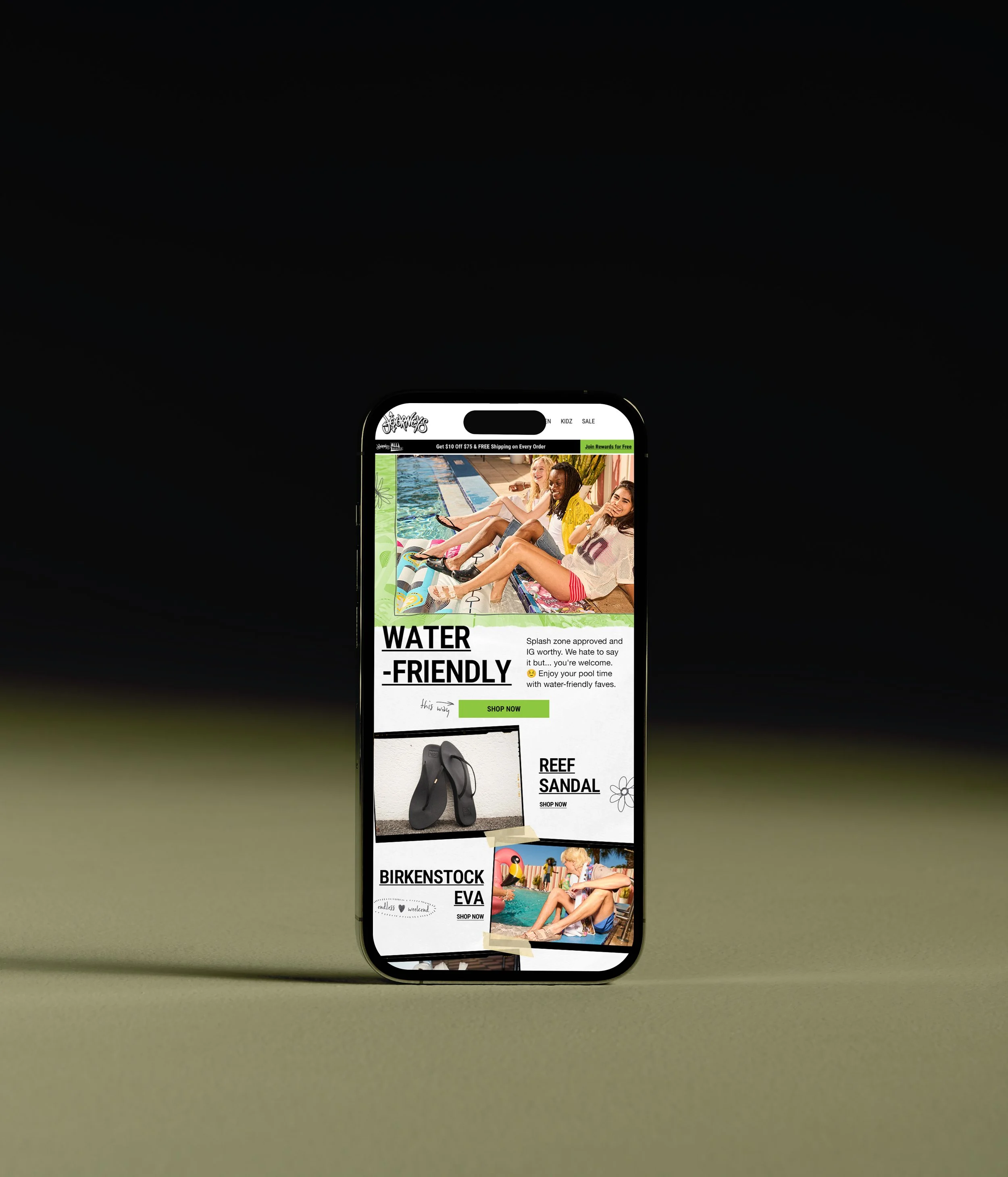 A smartphone displaying a website with swimwear and accessories for water activities, including sandals and poolside scenes.