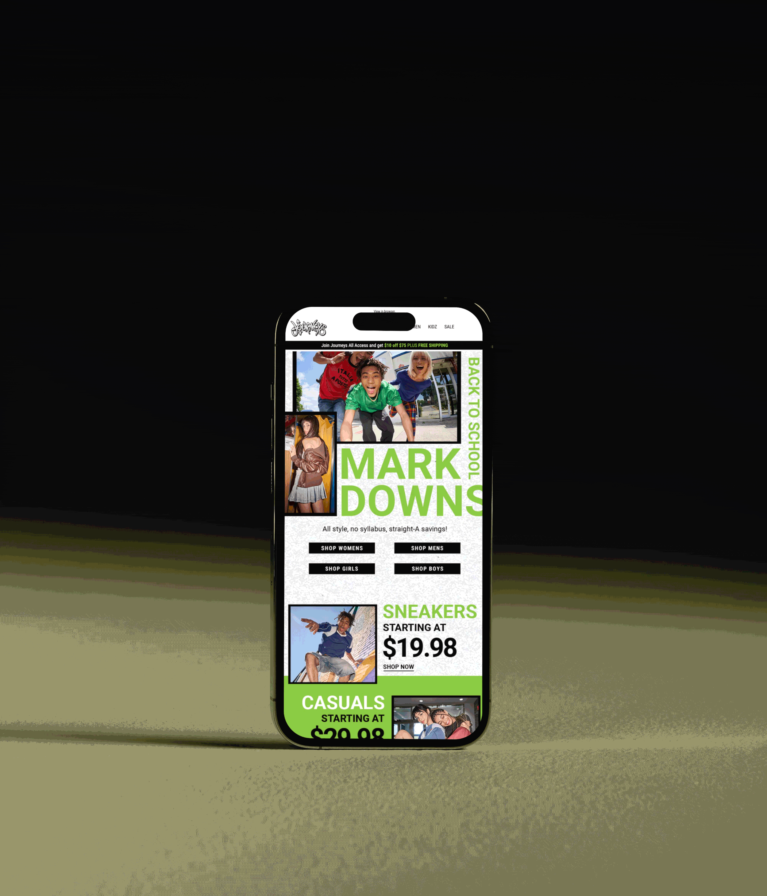Smartphone displaying online shopping website with ads for school supplies, sneakers, and casual wear, featuring children and prices.