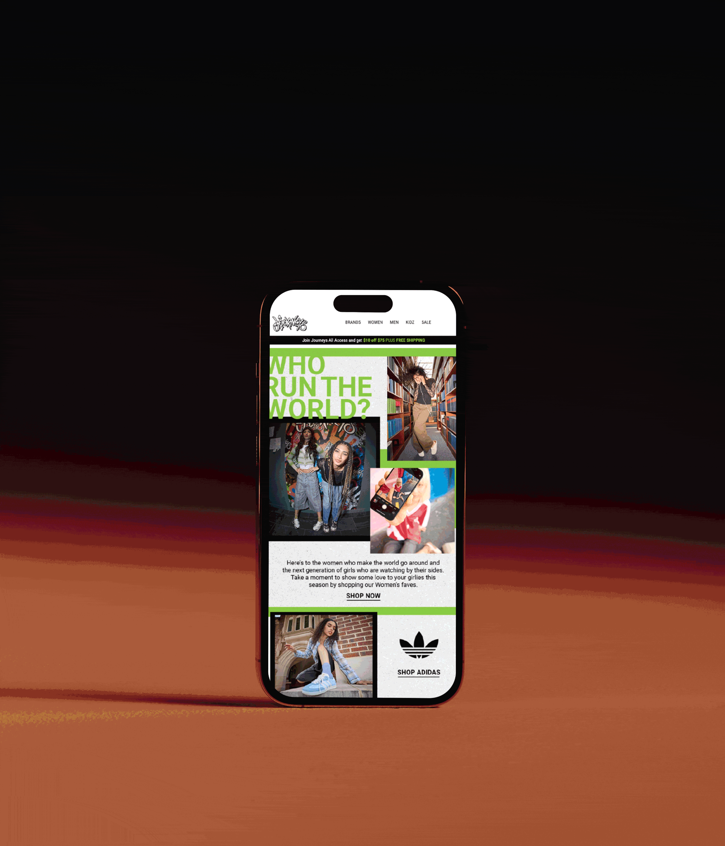 A smartphone displaying a fashion shopping website with images of women modeling clothing and sneakers, and links to buy Adidas shoes and shop women's fashion.