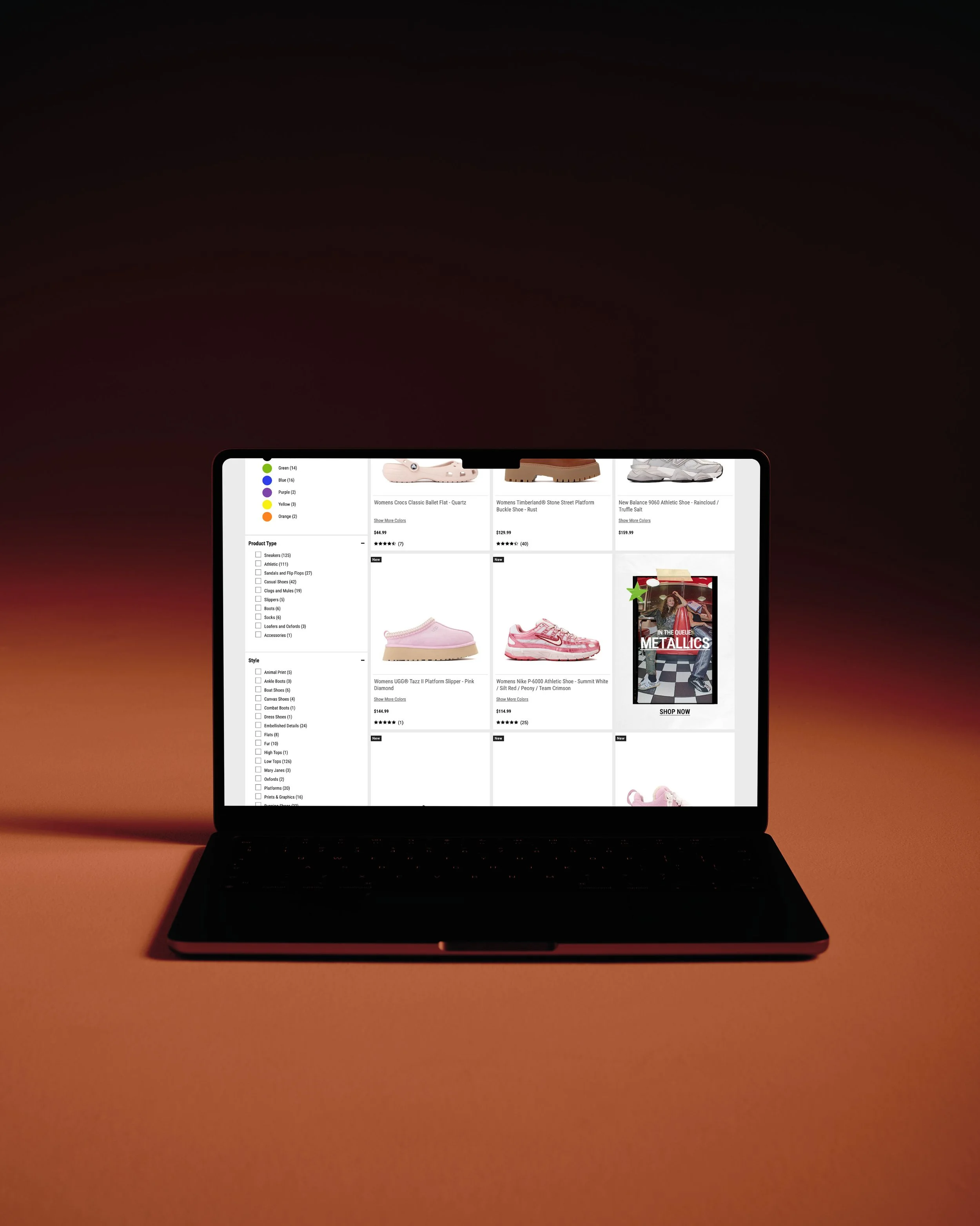 Laptop computer displaying an online shopping website with shoes, including pink slippers, pink sneakers, and white athletic shoes, on a reddish background.