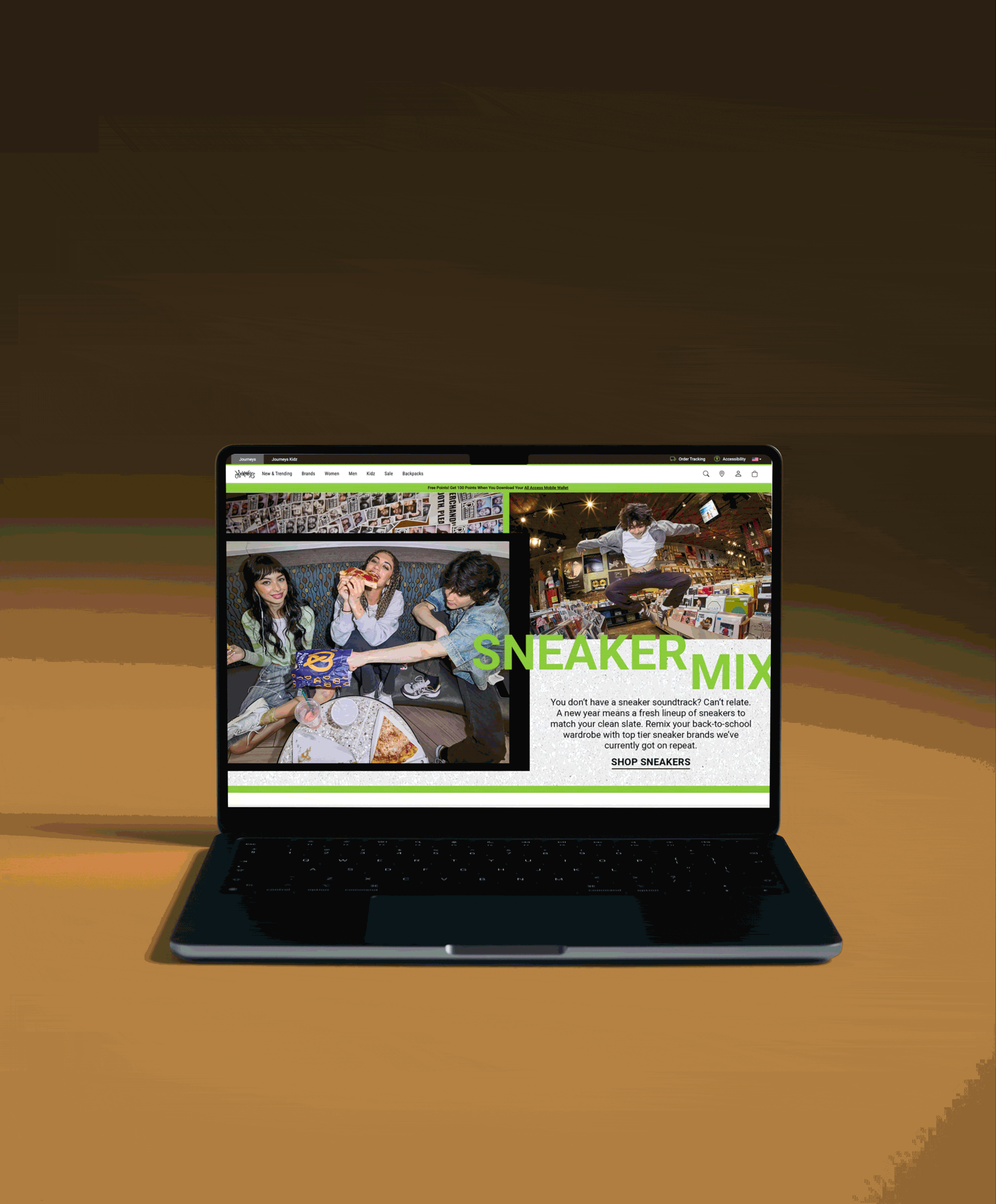 A laptop on a brown table displaying a website about sneakers and sneaker culture, featuring images of young people and sneakers.