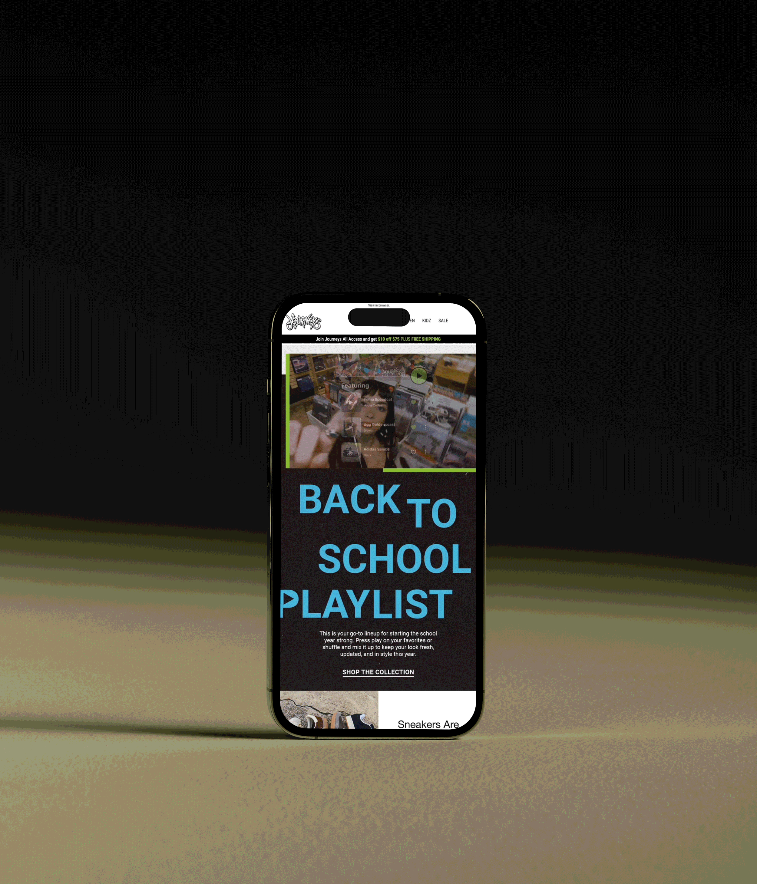 A smartphone displaying a back-to-school playlist webpage with a black background, large blue and white text, and a section showing sneakers at the bottom.
