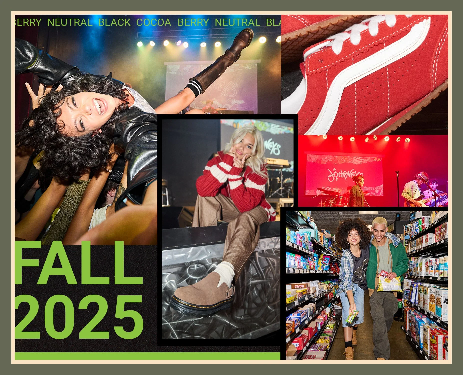 A collage of images from a fall 2025 event, including people dancing and performing on stage, a large red sneaker, and shoppers in a grocery store aisle.