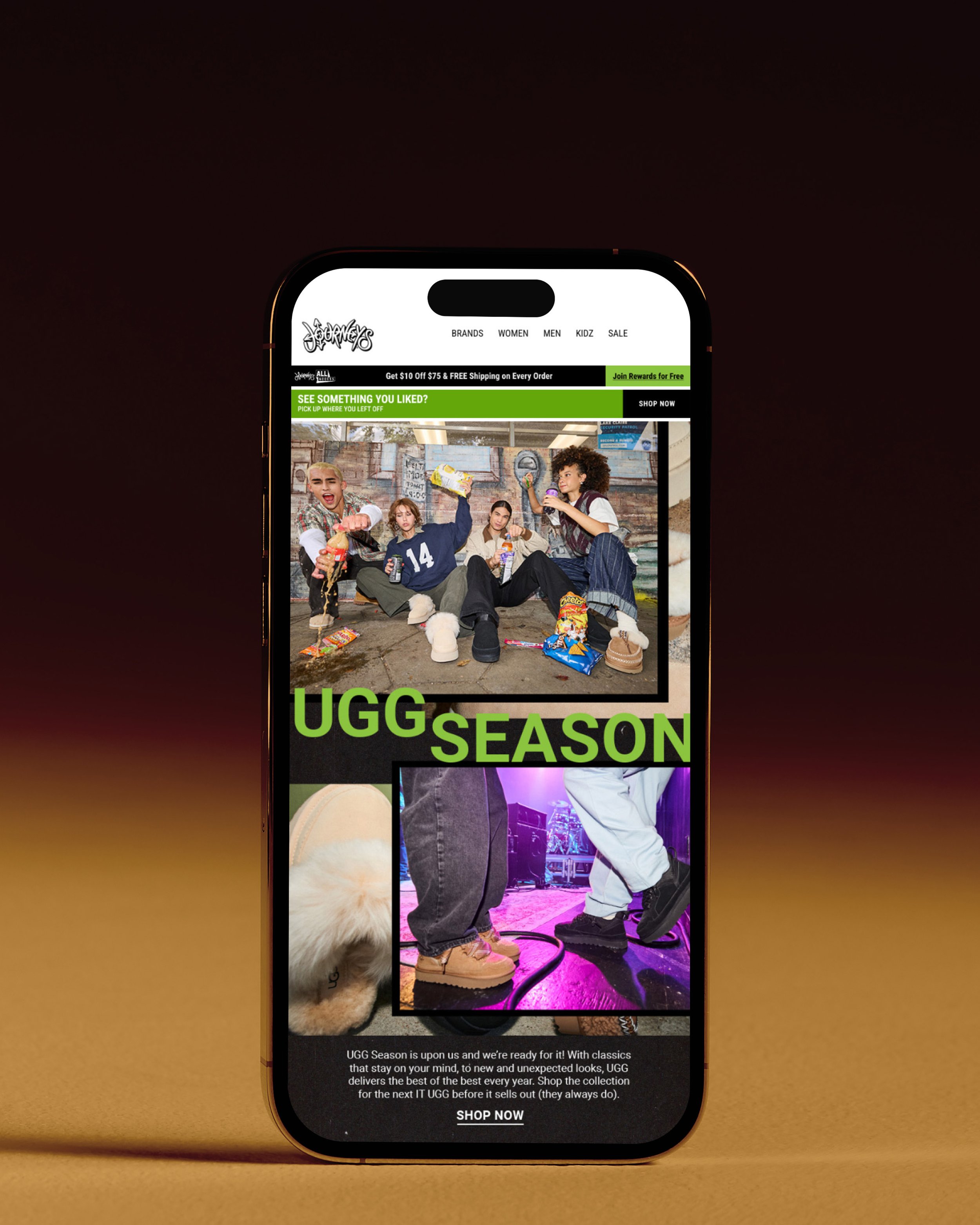 Website on a smartphone screen displaying a collection of UGG boots, with a photo of a group of young people sitting outdoors, some holding drinks, and a description of the UGG brand emphasizing their classic style and collection.