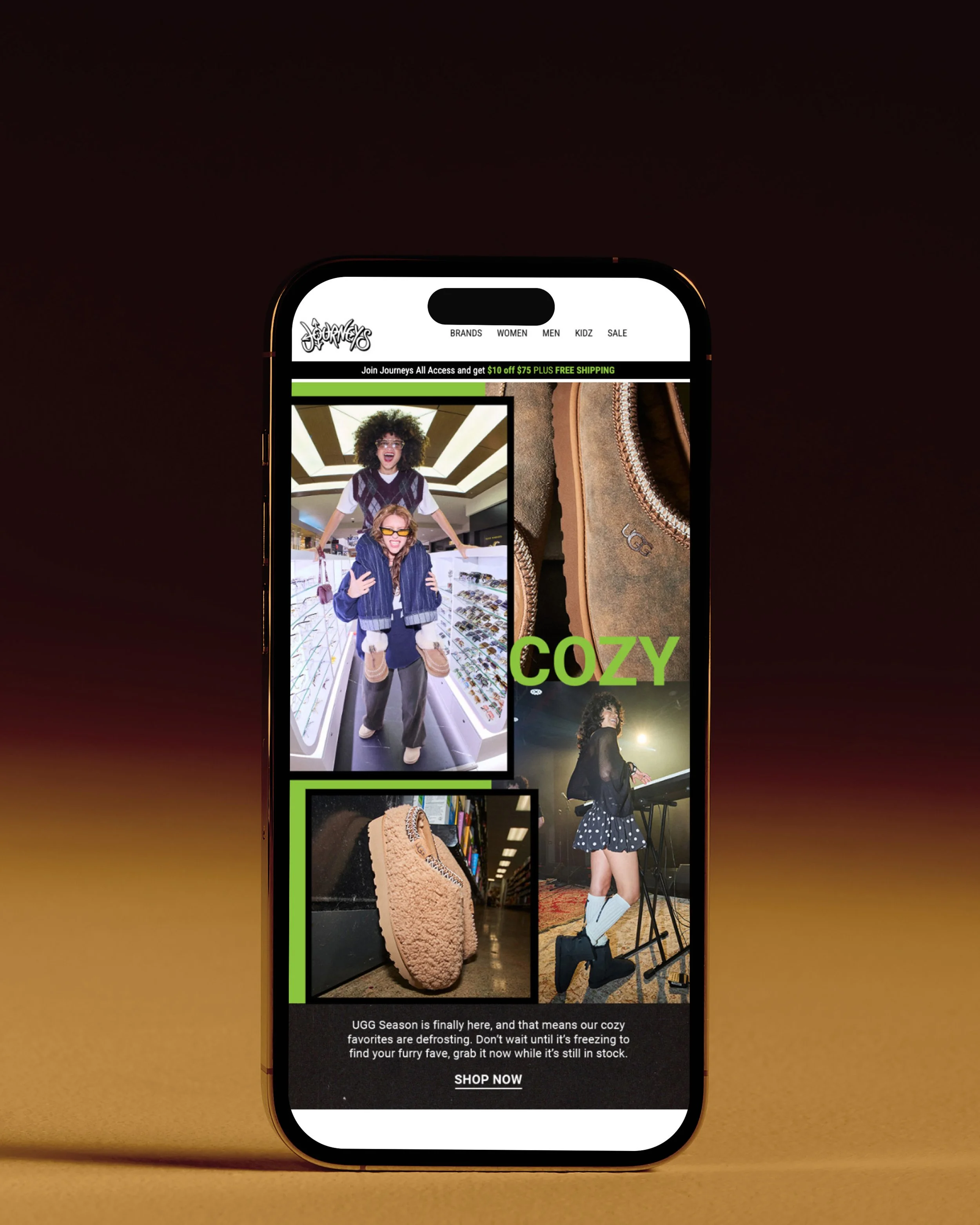 Mobile device displaying a fashion shopping website with photos of people wearing cozy shoes and clothing, promotional message about UGG season and shopping call-to-action.