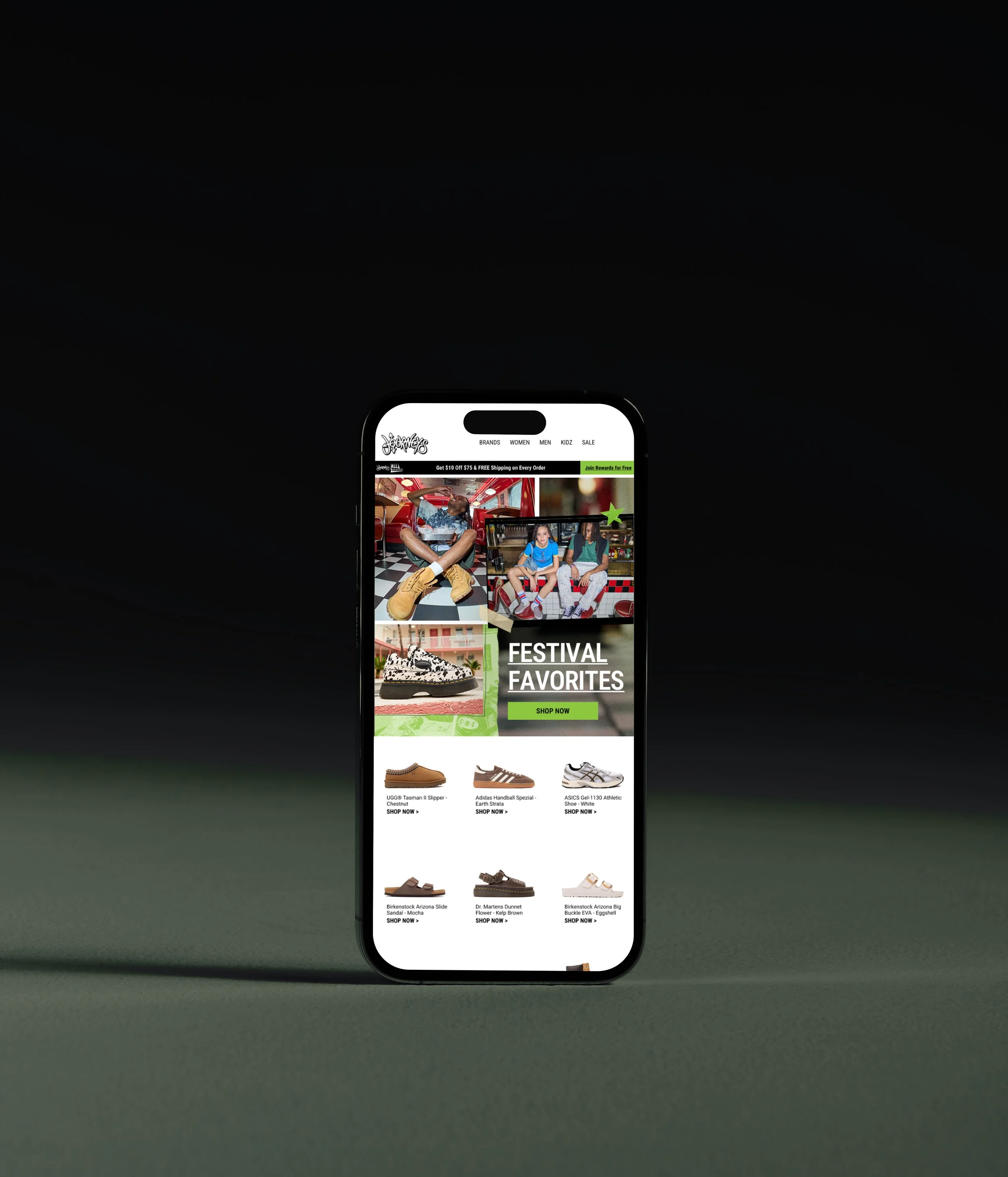 Mobile phone displaying an online store with shoes, featuring a banner for festival favorites and various shoe options below.