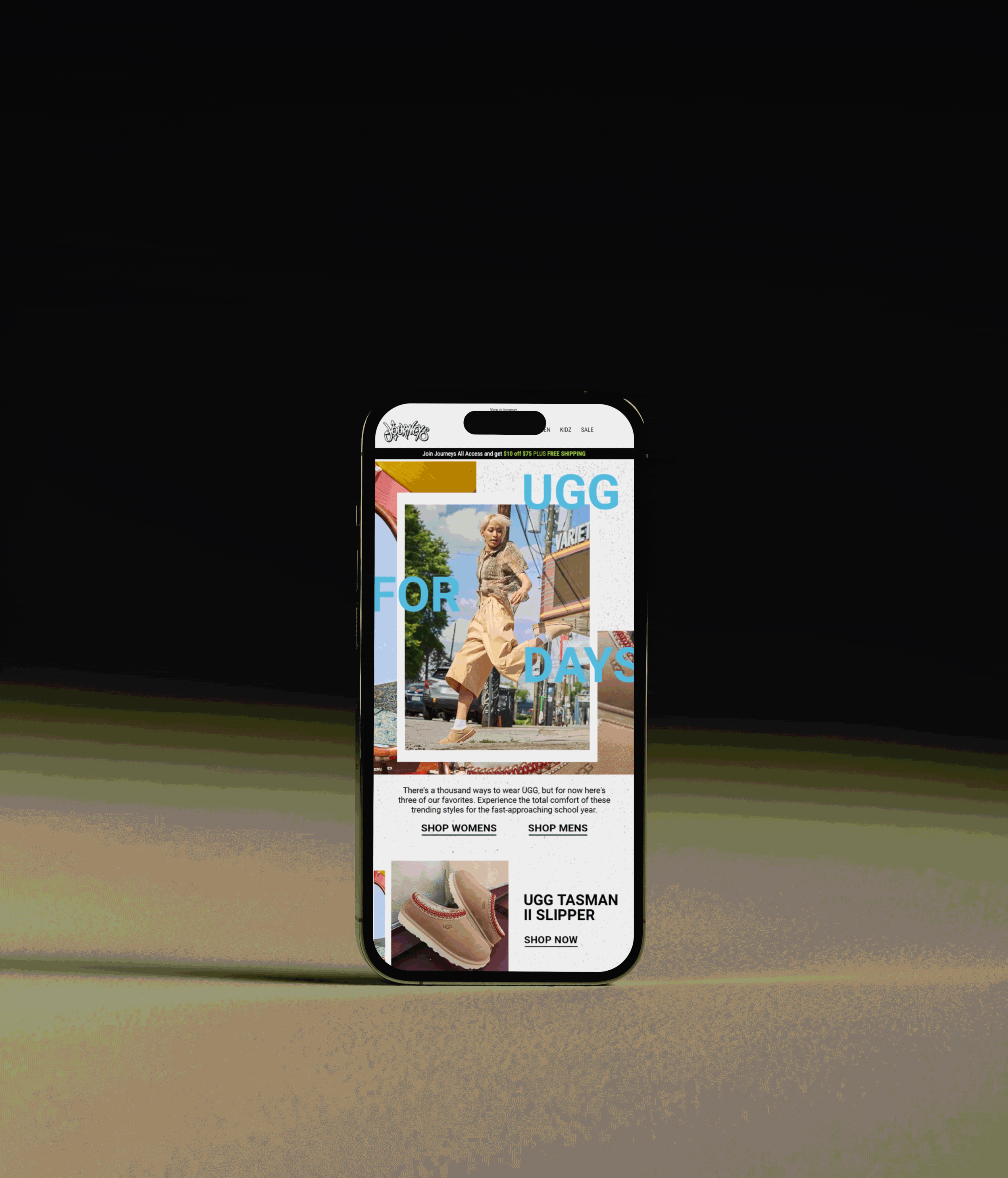 Screenshot of a mobile website featuring UGG product advertisements, including shoes and clothing, with promotional offers and shopping options visible.
