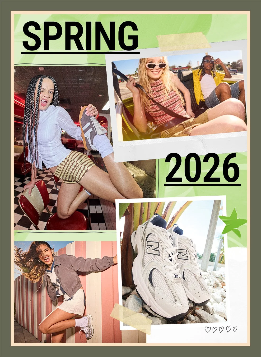 Collage of four photos with the words "Spring 2026" in bold black letters. The photos include a girl doing a high kick while holding a shoe, two girls riding in a golf cart, a girl jumping outdoors against a colorful wall, and a pair of white sneakers on rocks.