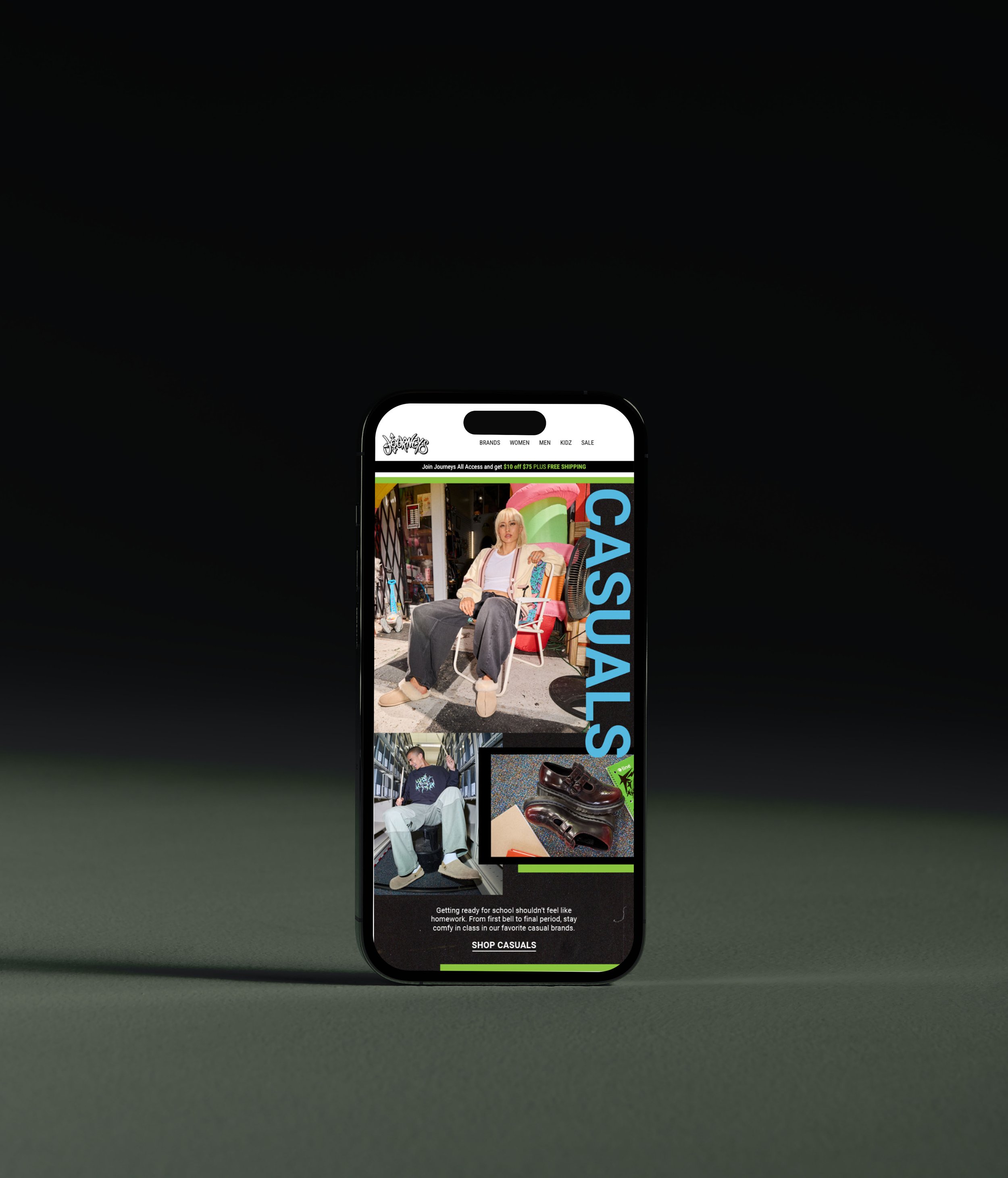Smartphone displaying a casual clothing website with images of people wearing comfortable, stylish outfits, and a promotion banner at the top.