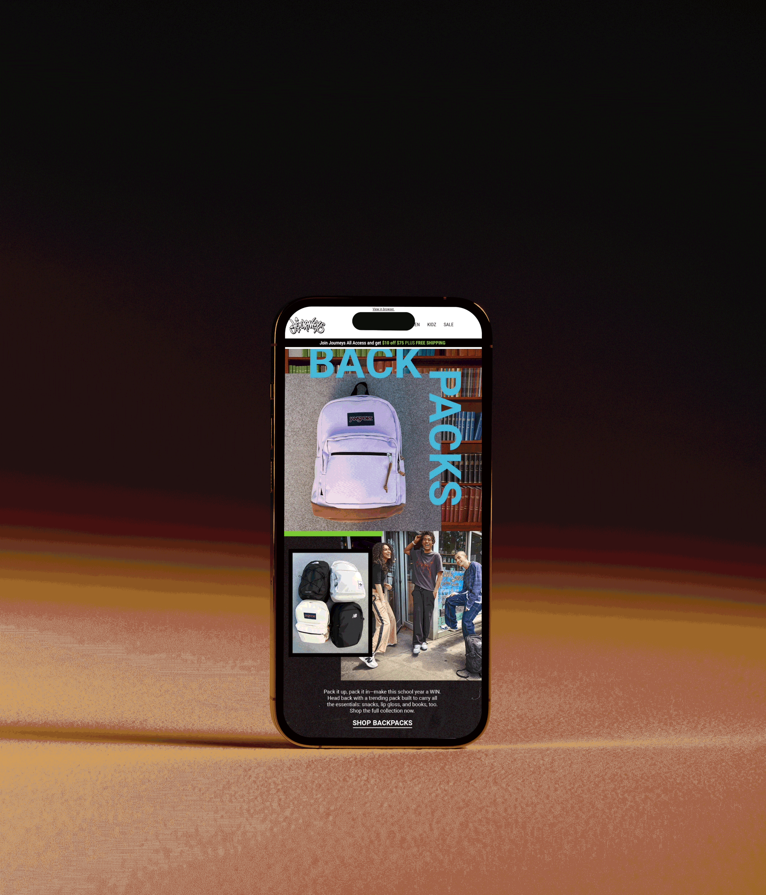 A smartphone displaying an online backpack store homepage with images of backpacks and models, and text about shopping backpacks.