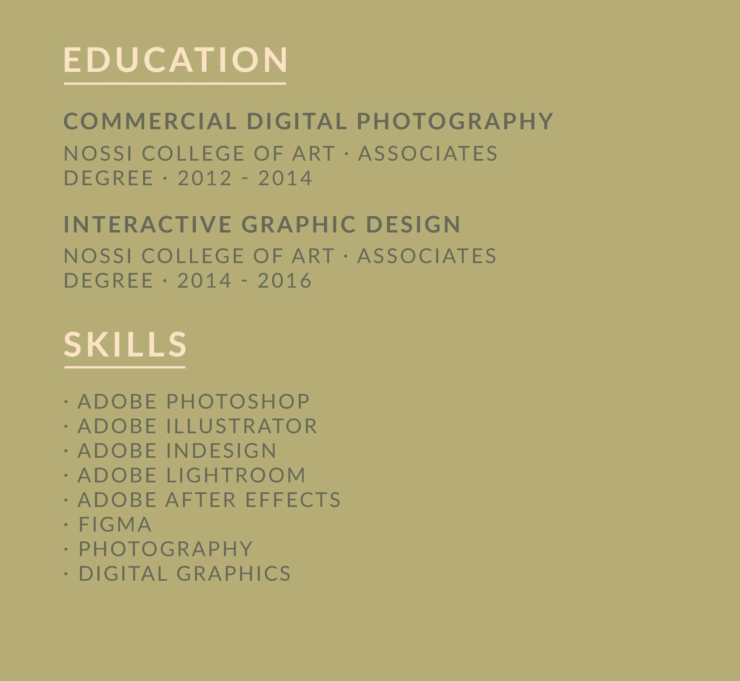 A curriculum or course list on a beige background, including topics like digital photography, graphic design, Adobe Photoshop, and related skills, with course dates from 2012 to 2016.