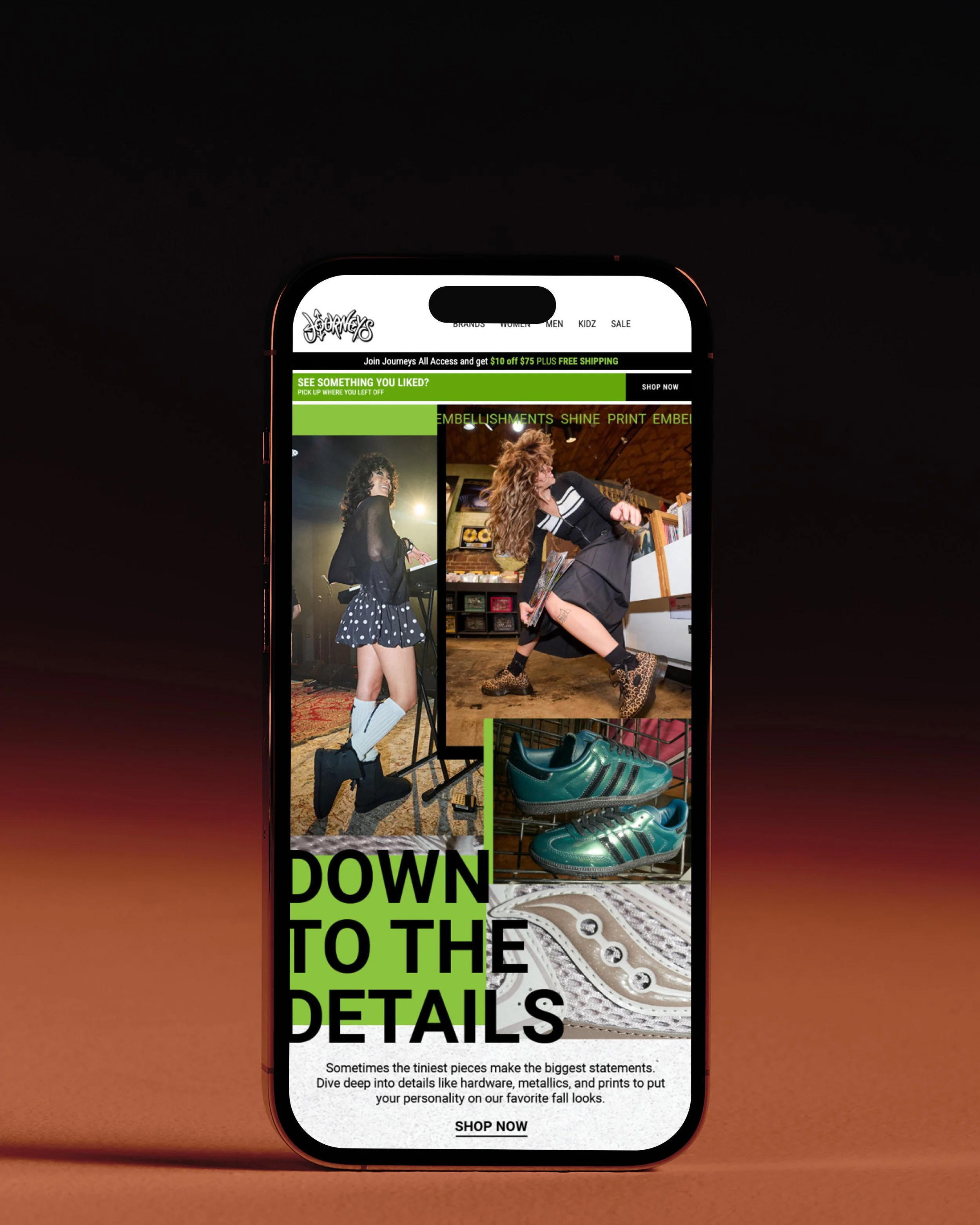Mobile phone screen displaying a website called 'Journey's' with categories like brands, women, men, kids, sale. The webpage features images of two women, one playing a keyboard wearing a black sweater and a polka dot skirt, the other holding a recor