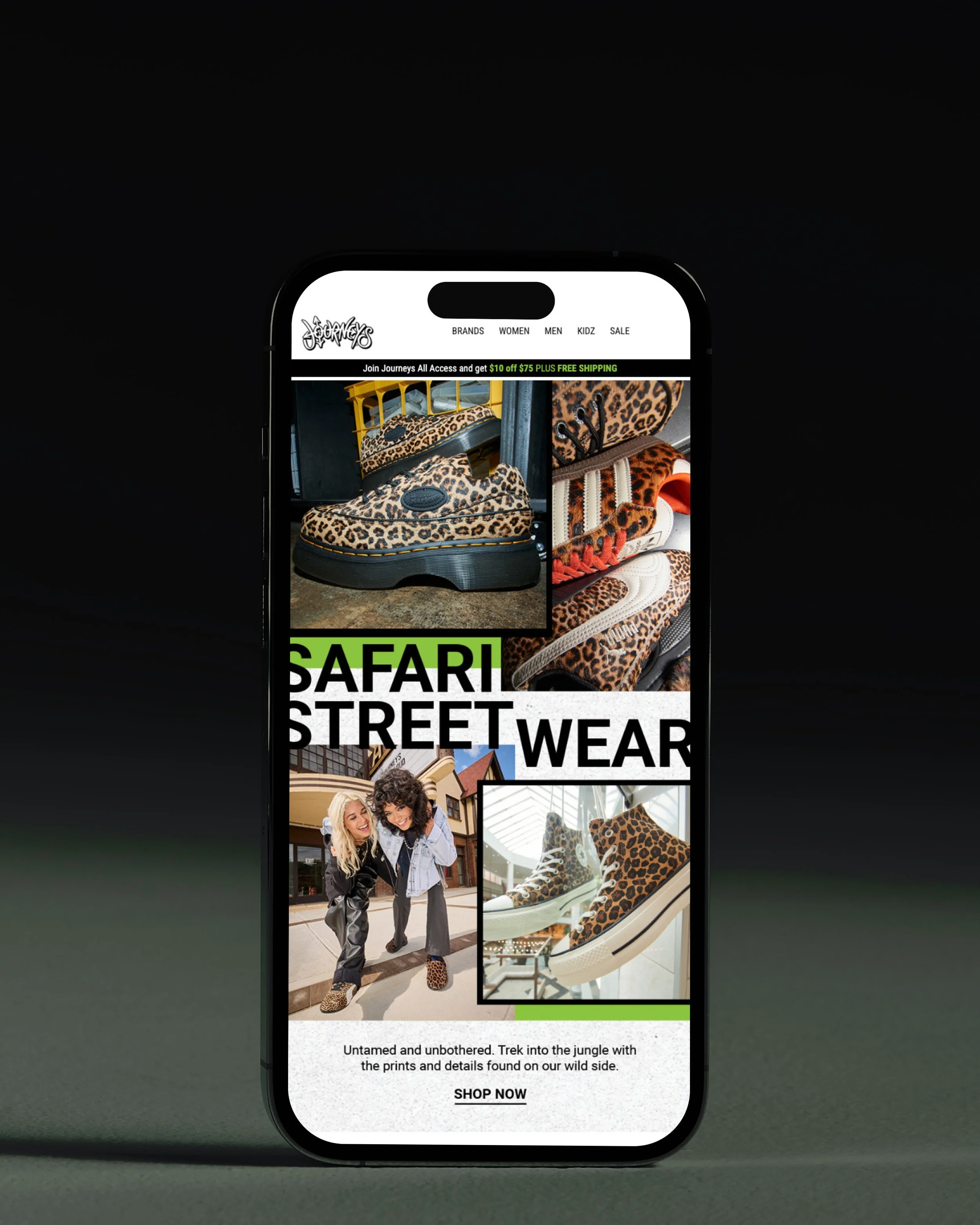 A smartphone displaying an online shop for leopard print streetwear shoes, with images of shoes, a model, and a shopping prompt.