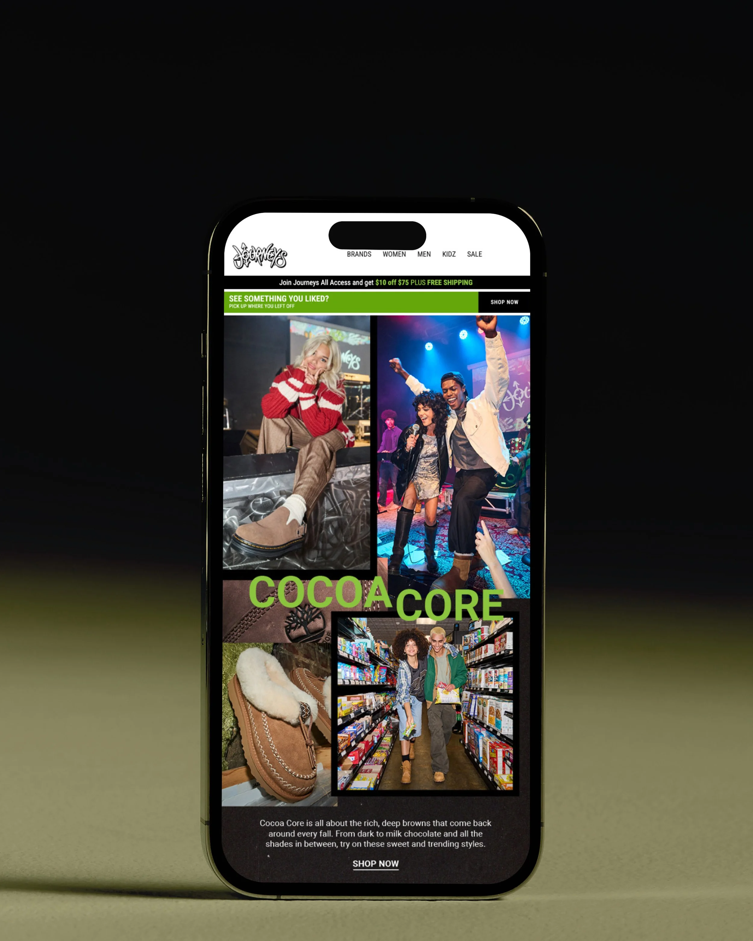 A smartphone displaying a website about Cocoa Core, featuring images of people enjoying music, shopping for products, and trying on shoes, with a black header and green promotional banner.