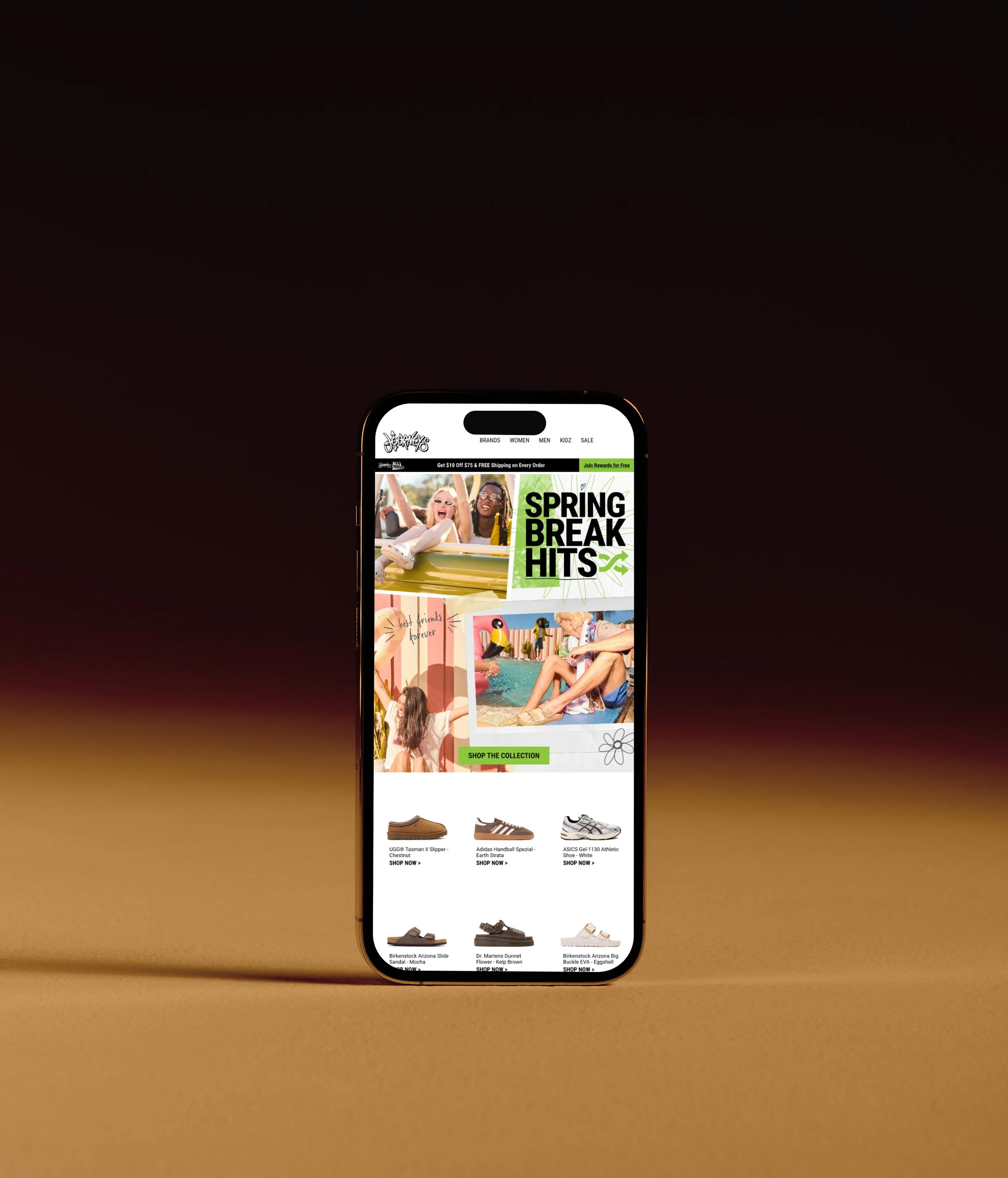 Mobile phone displaying an online shoe store webpage with various footwear options including sandals, sneakers, and athletic shoes along with promotional banners.