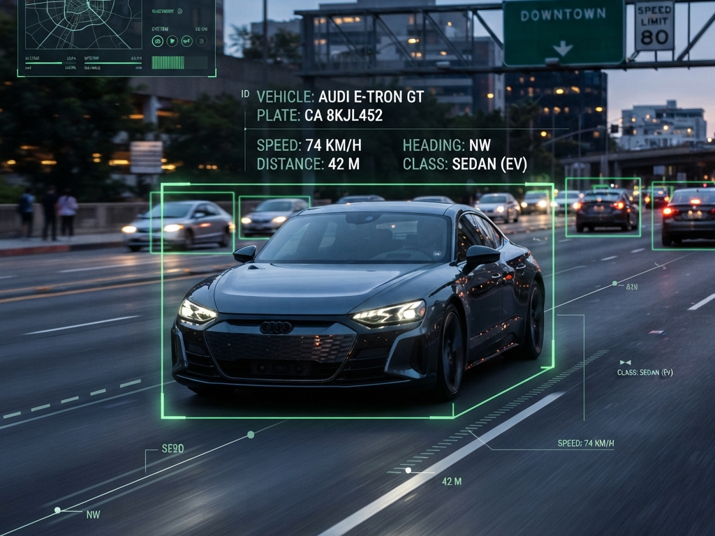 Vehículo sedán negro, aparentemente un Audi, en una autopista con tecnología de reconocimiento de vehículos y datos flotantes que indican información sobre el vehículo como marca, modelo, velocidad, dirección, distancia y número de placa, en un entorno urbano al atardecer.