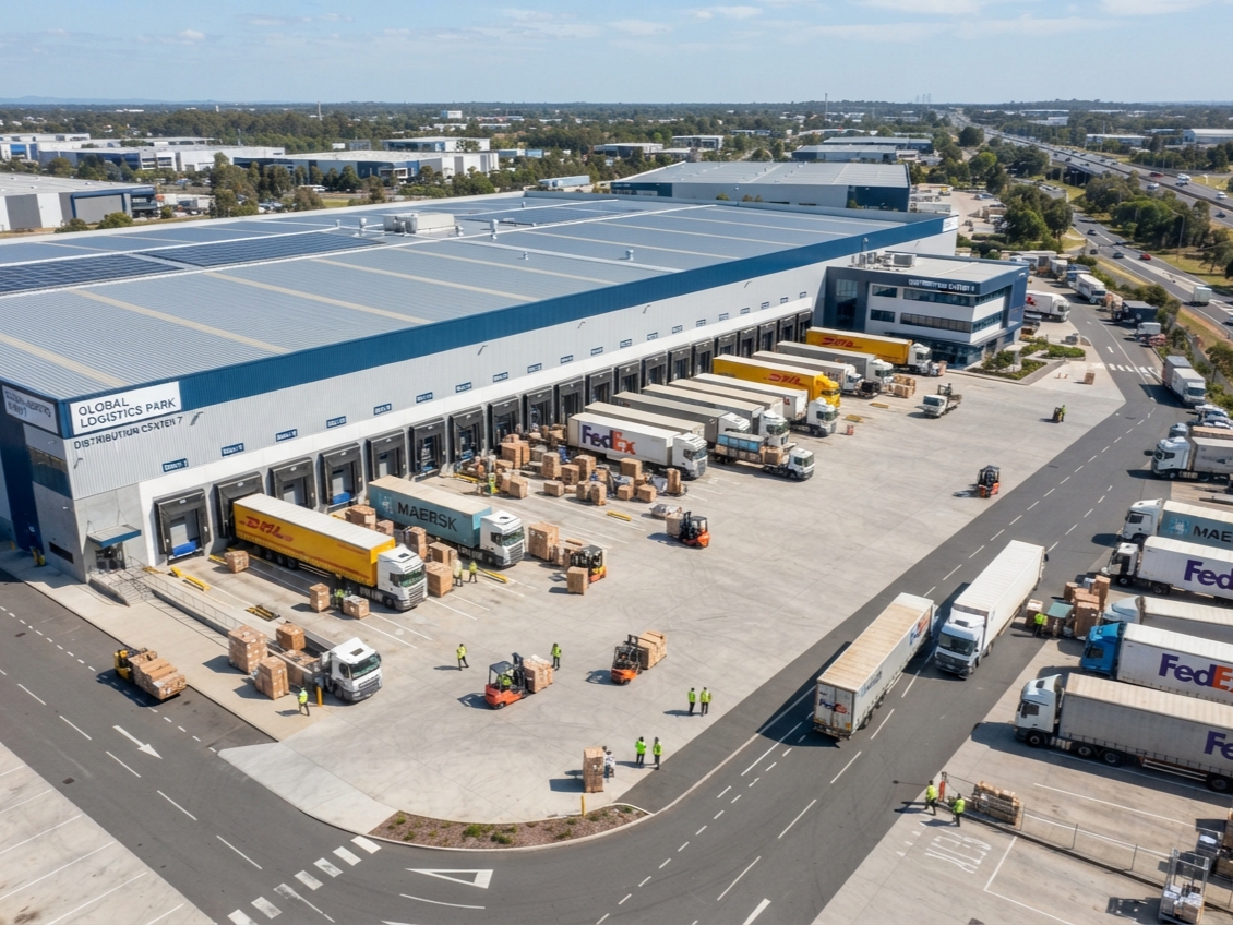 Vista aérea de un centro de logística con camiones de DHL, FedEx y Maersk, personal trabajando con mercancía en pallets y en movimiento.