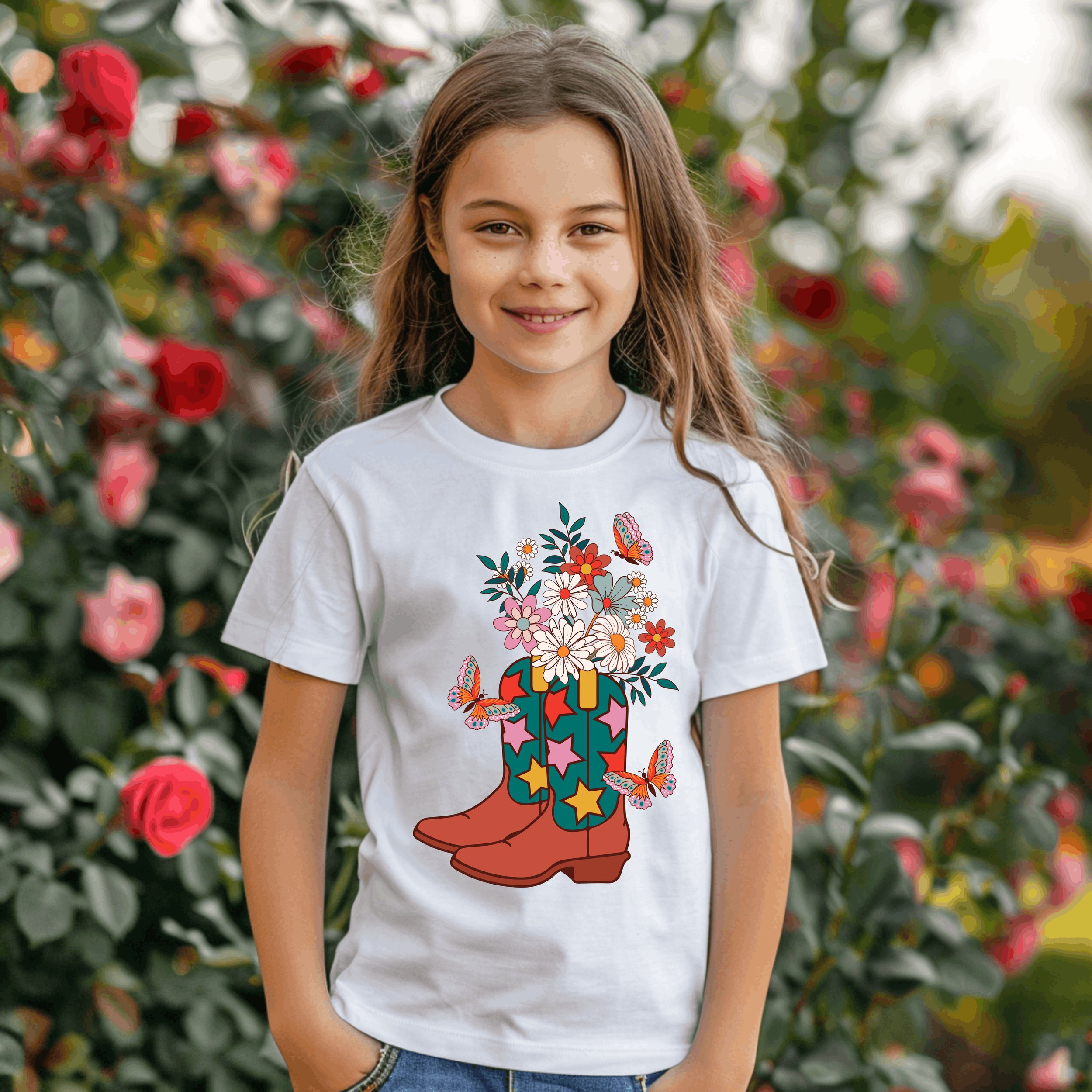 Young girl with long hair smiling outdoors, wearing a white T-shirt with colorful graphic of cowboy boots filled with flowers and butterflies, standing in front of a bush with pink roses.