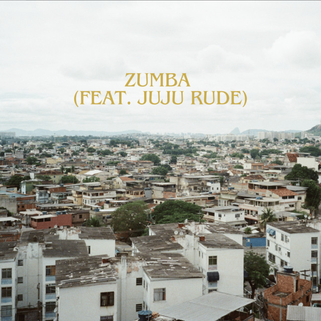 A cityscape with numerous low-rise buildings, some with flat roofs and greenery in the foreground, under a cloudy sky, with the text "Zumba (feat. Juju Rude)" overlayed in gold. Jalmar